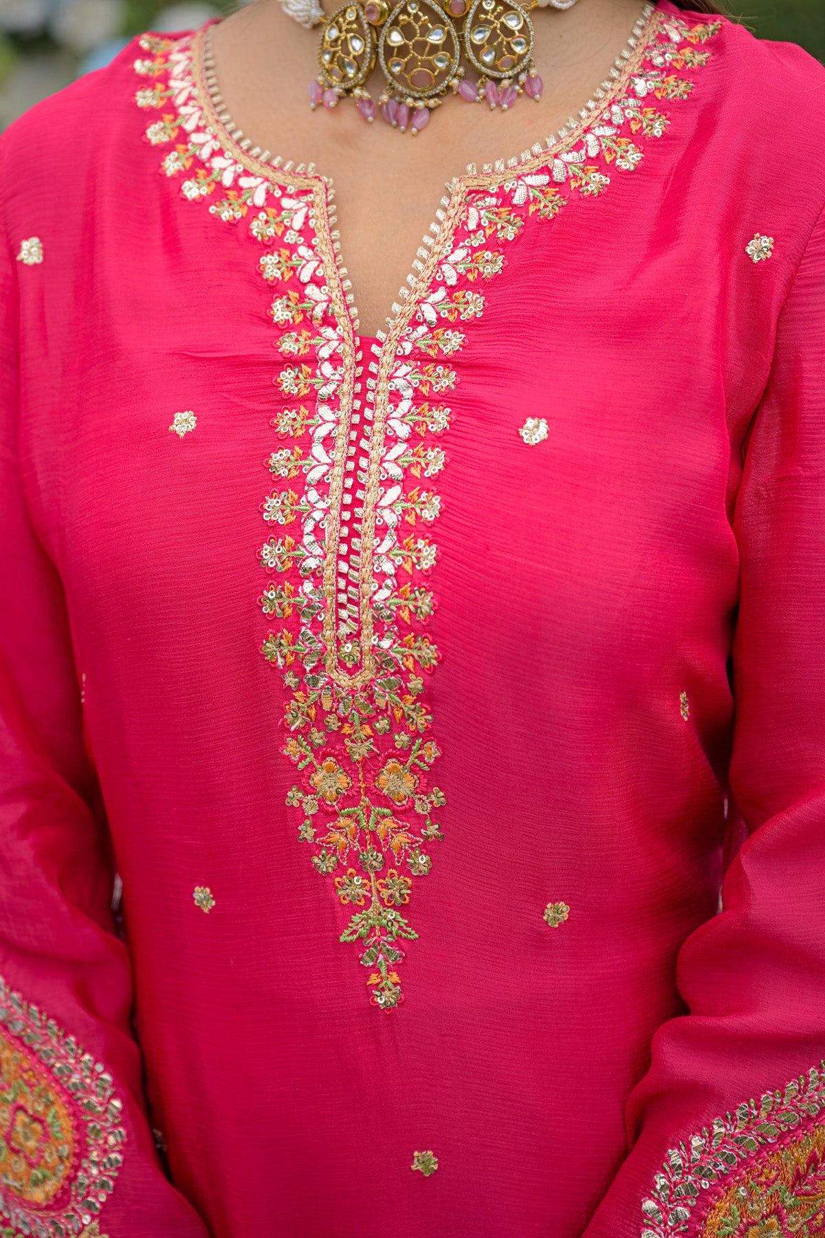 Rani Pink Chinnon Embroidered Straight Suit Set With Dupatta