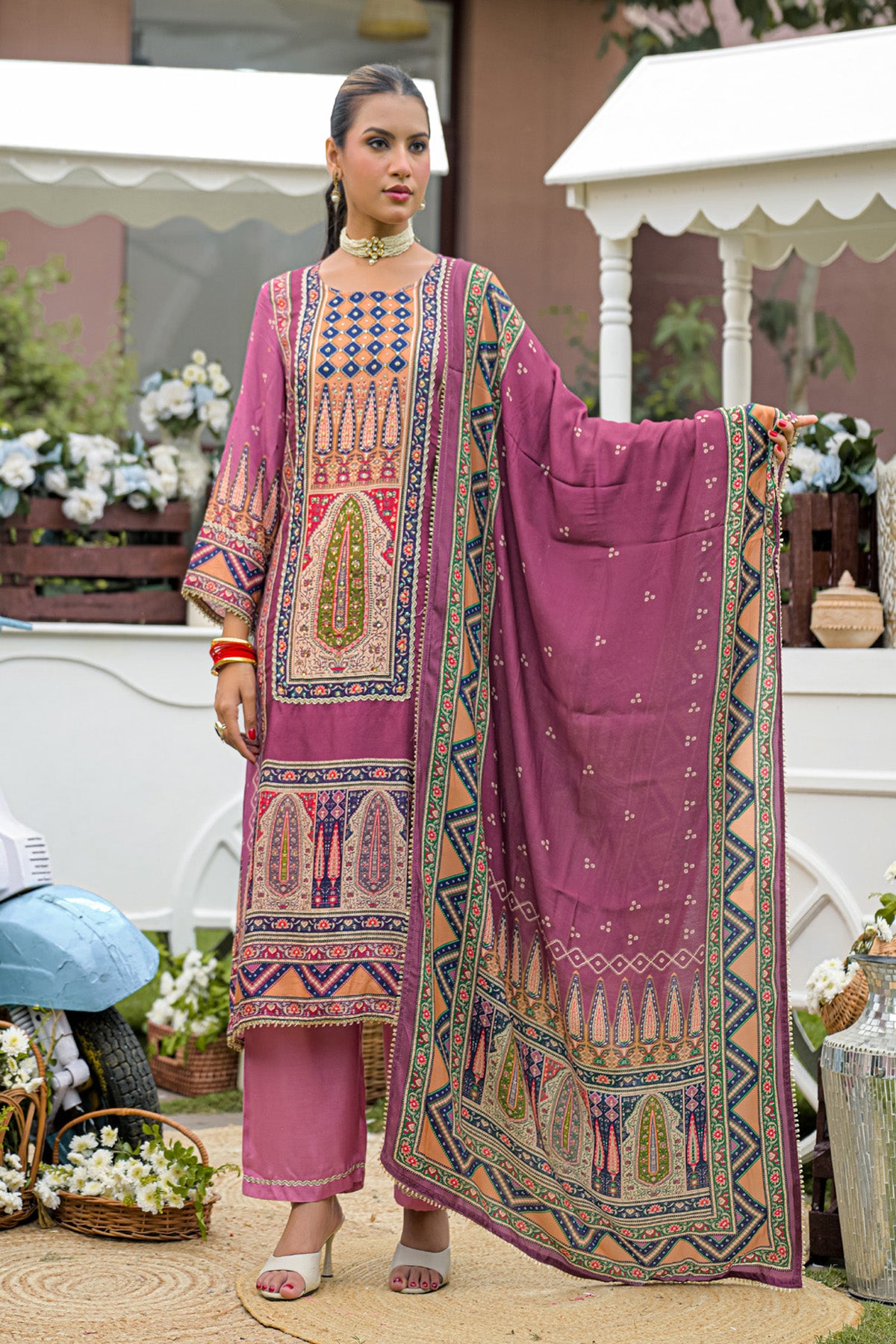 Mauve Pink Muslin Handwork Straight Suit Set With Dupatta