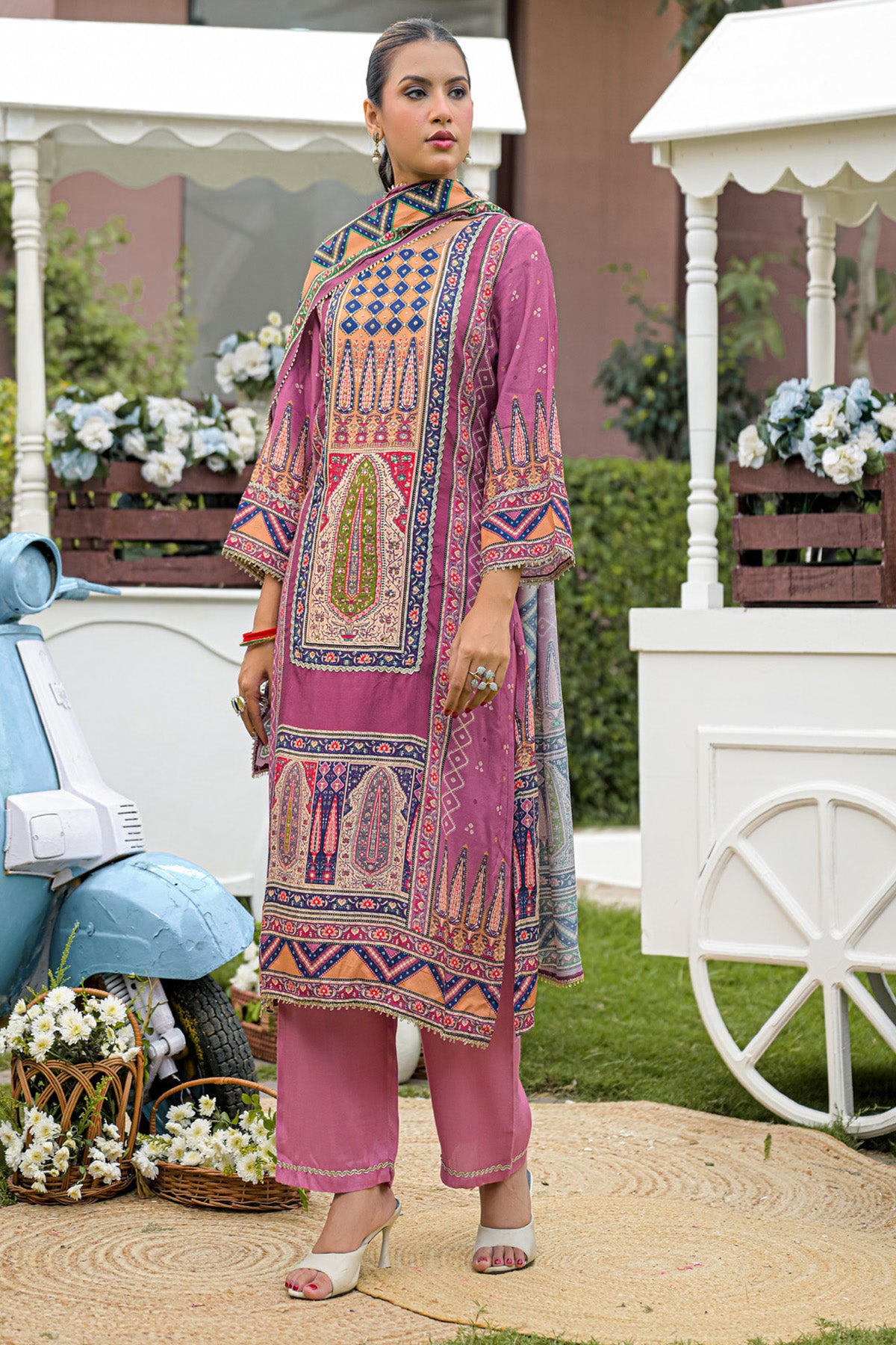 Mauve Pink Muslin Handwork Straight Suit Set With Dupatta
