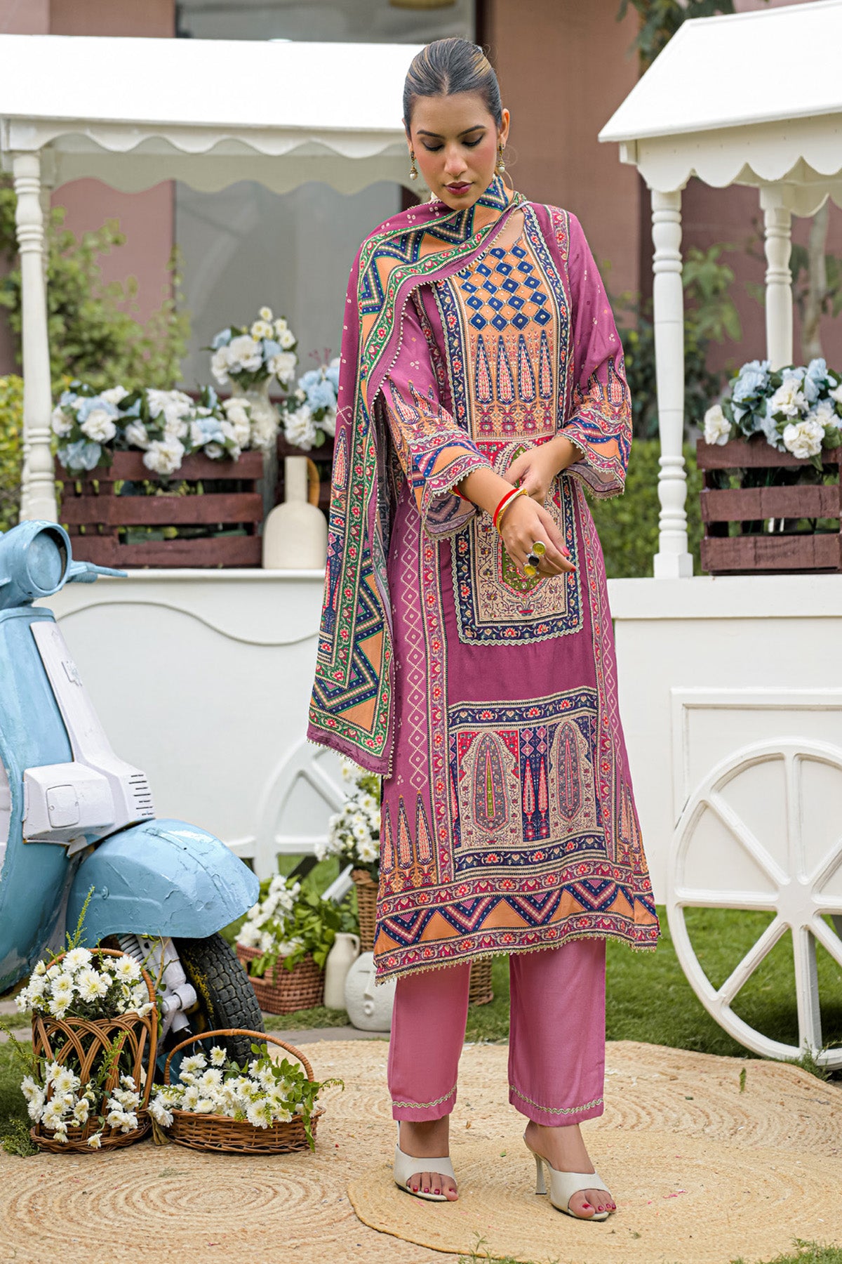 Mauve Pink Muslin Handwork Straight Suit Set With Dupatta