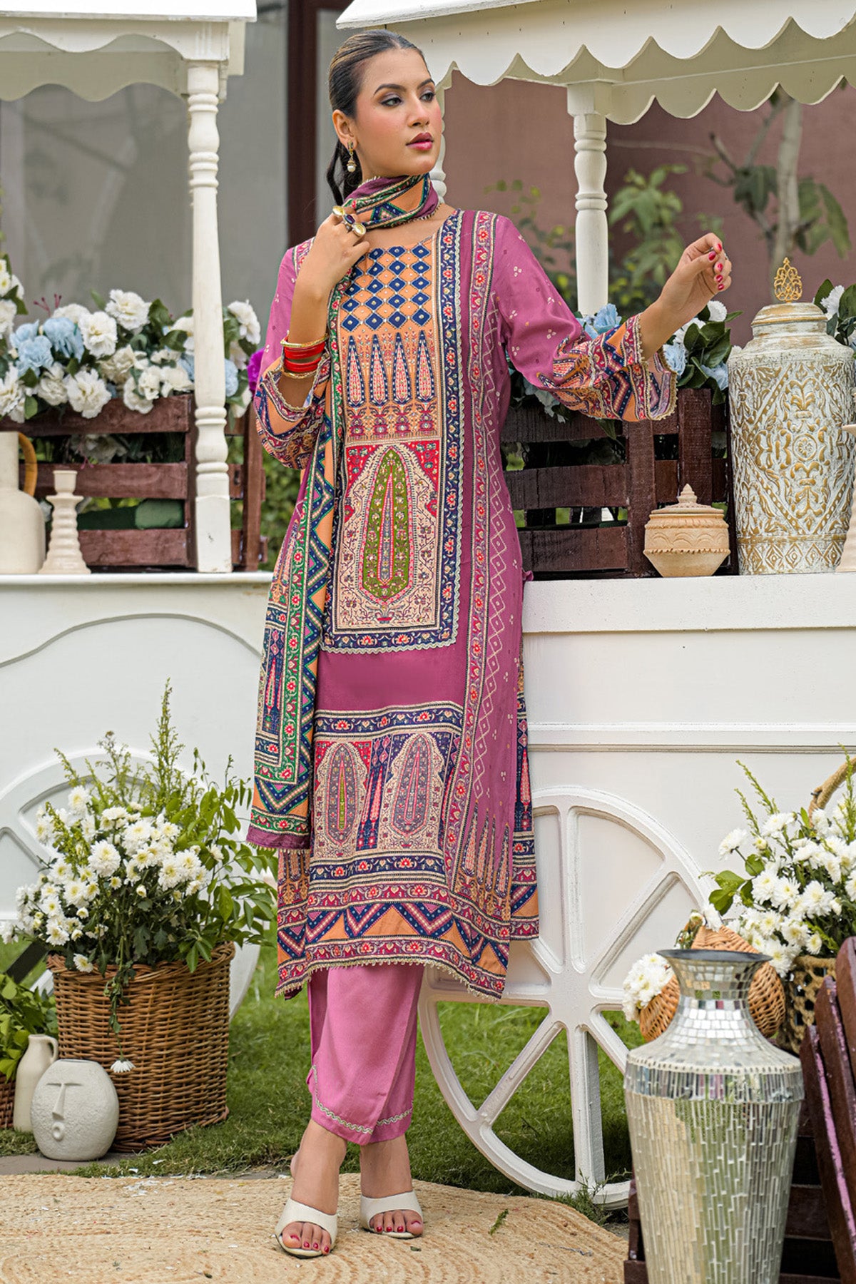 Mauve Pink Muslin Handwork Straight Suit Set With Dupatta