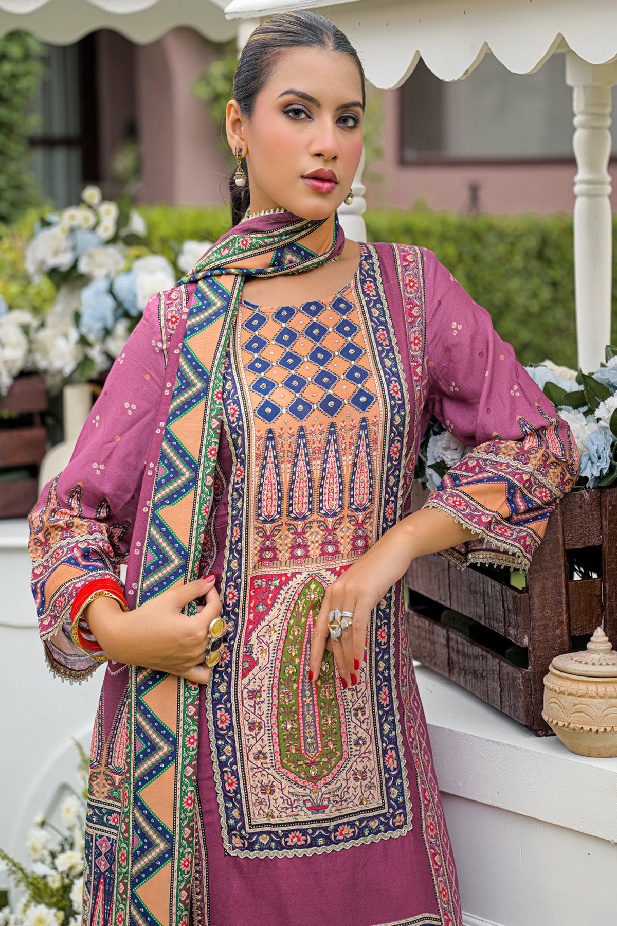 Mauve Pink Muslin Handwork Straight Suit Set With Dupatta