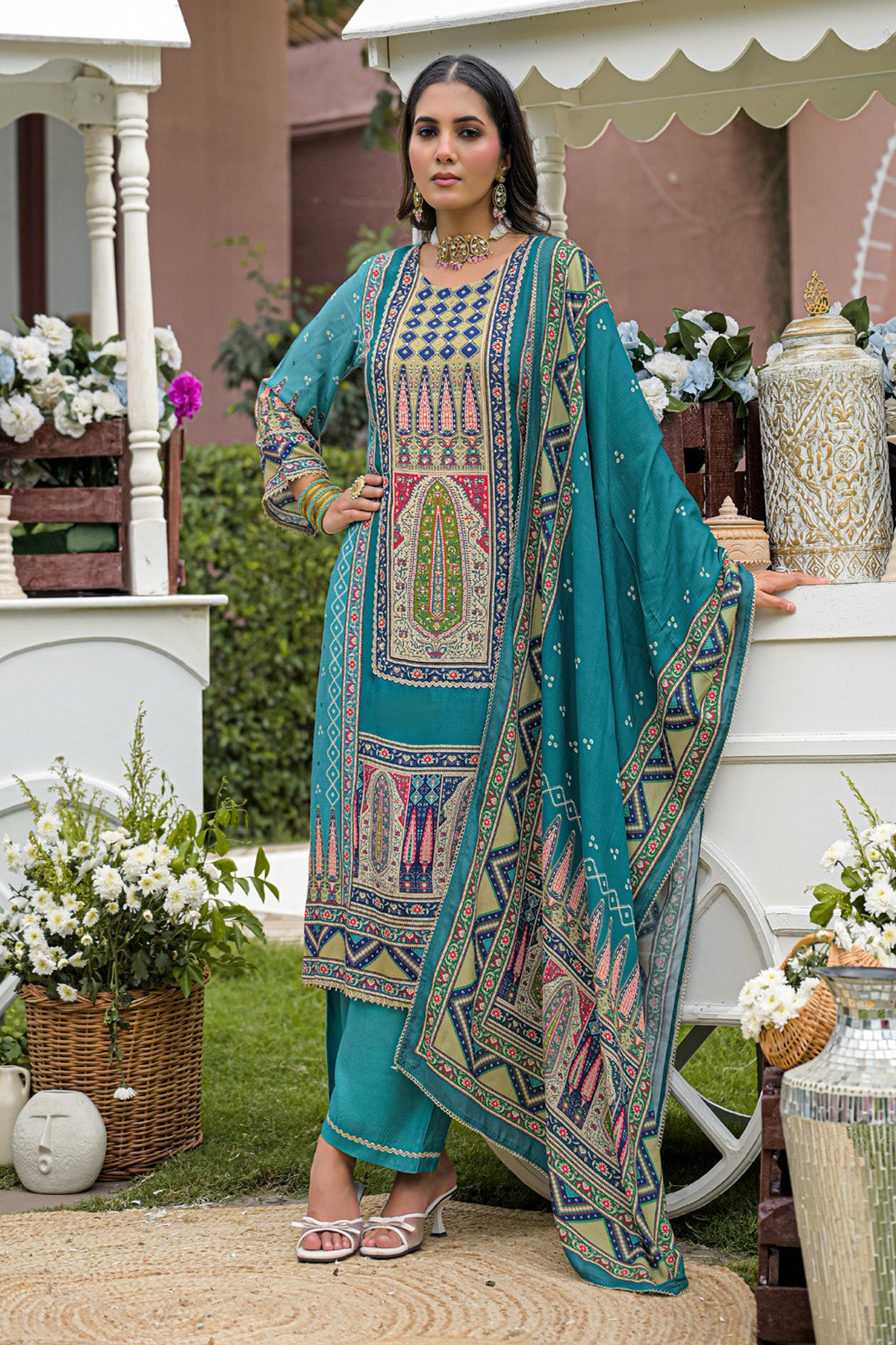 Teal Green Muslin Handwork Straight Suit Set With Dupatta