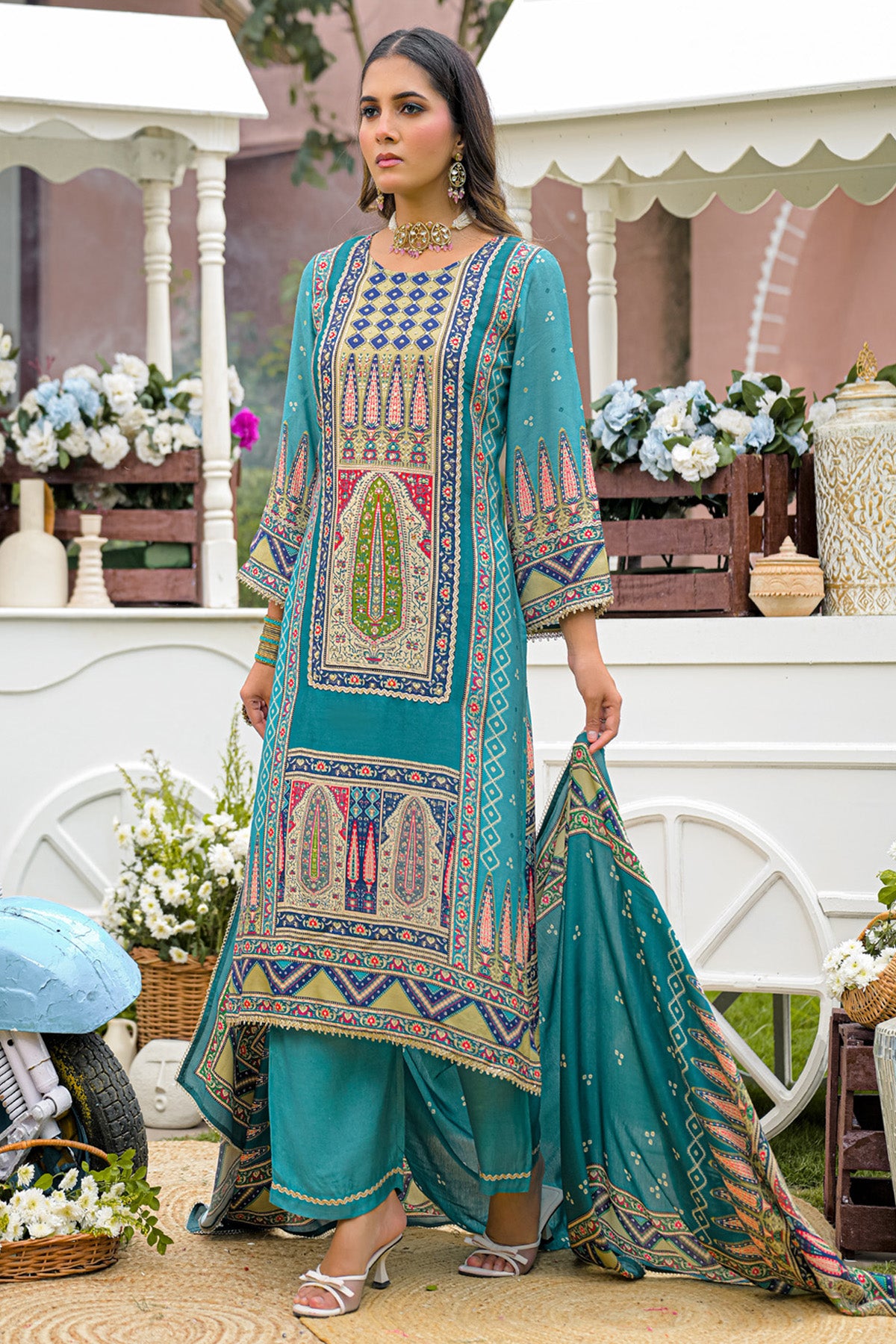 Teal Green Muslin Handwork Straight Suit Set With Dupatta