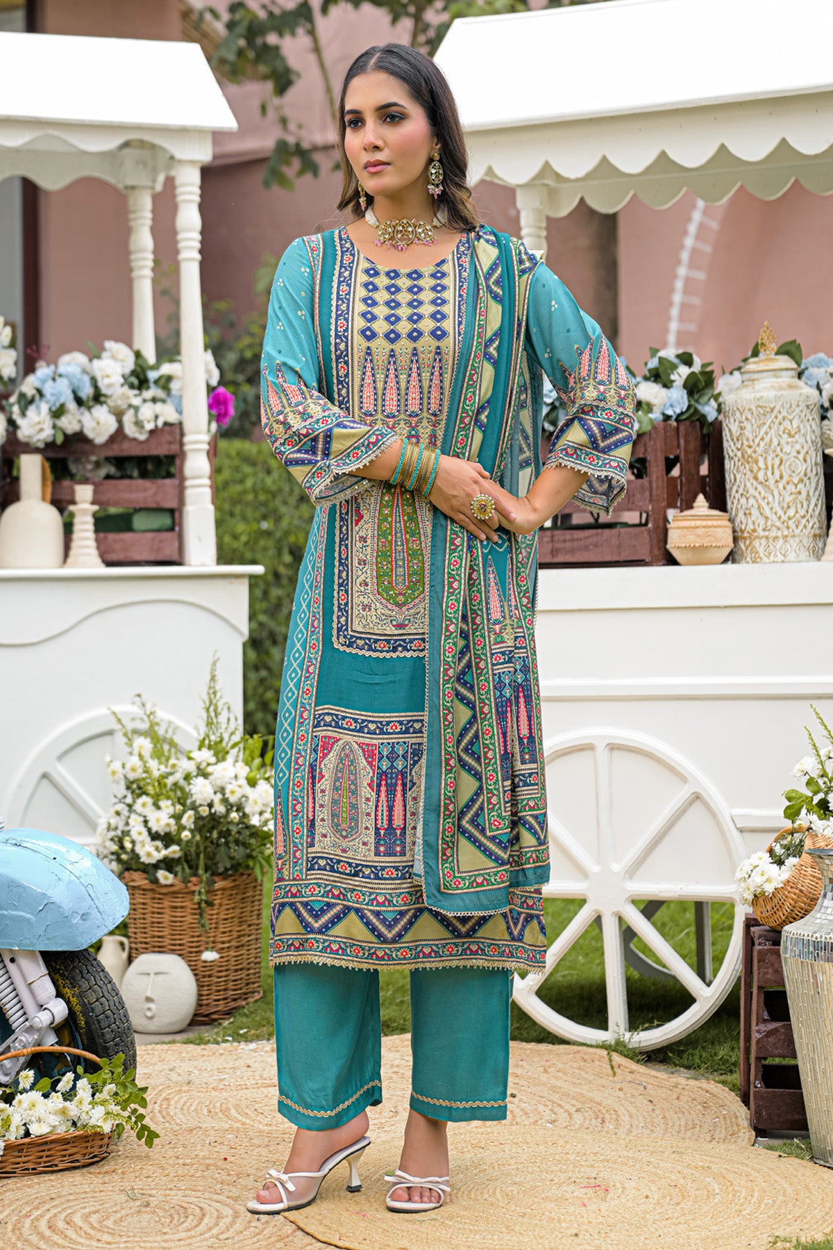 Teal Green Muslin Handwork Straight Suit Set With Dupatta
