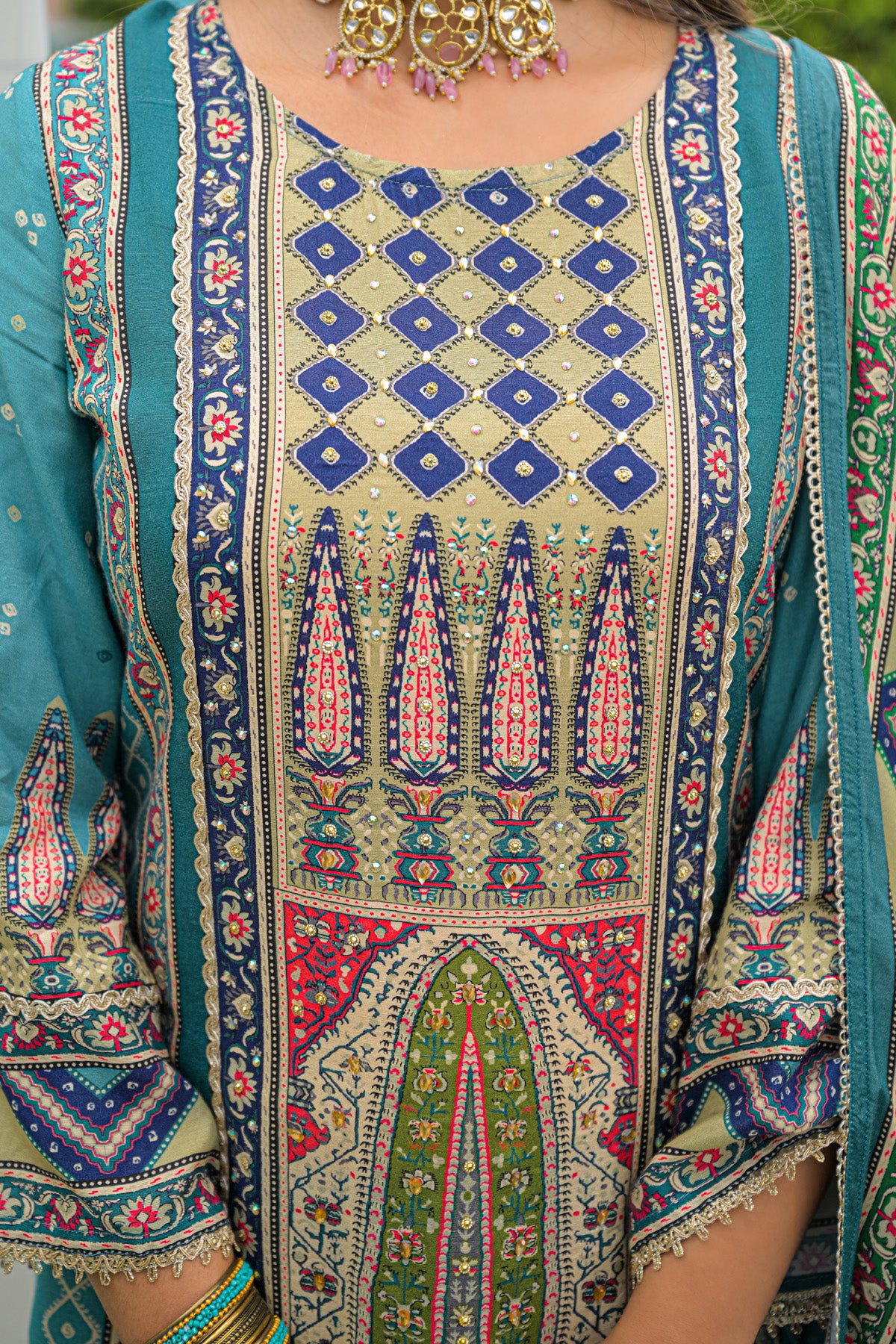 Teal Green Muslin Handwork Straight Suit Set With Dupatta