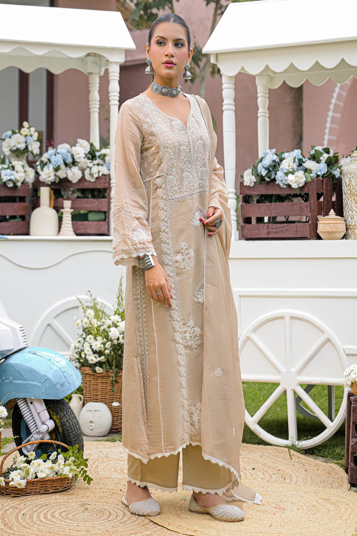 Champagne Beige Mul Chanderi Embroidered Straight Suit Set With Dupatta