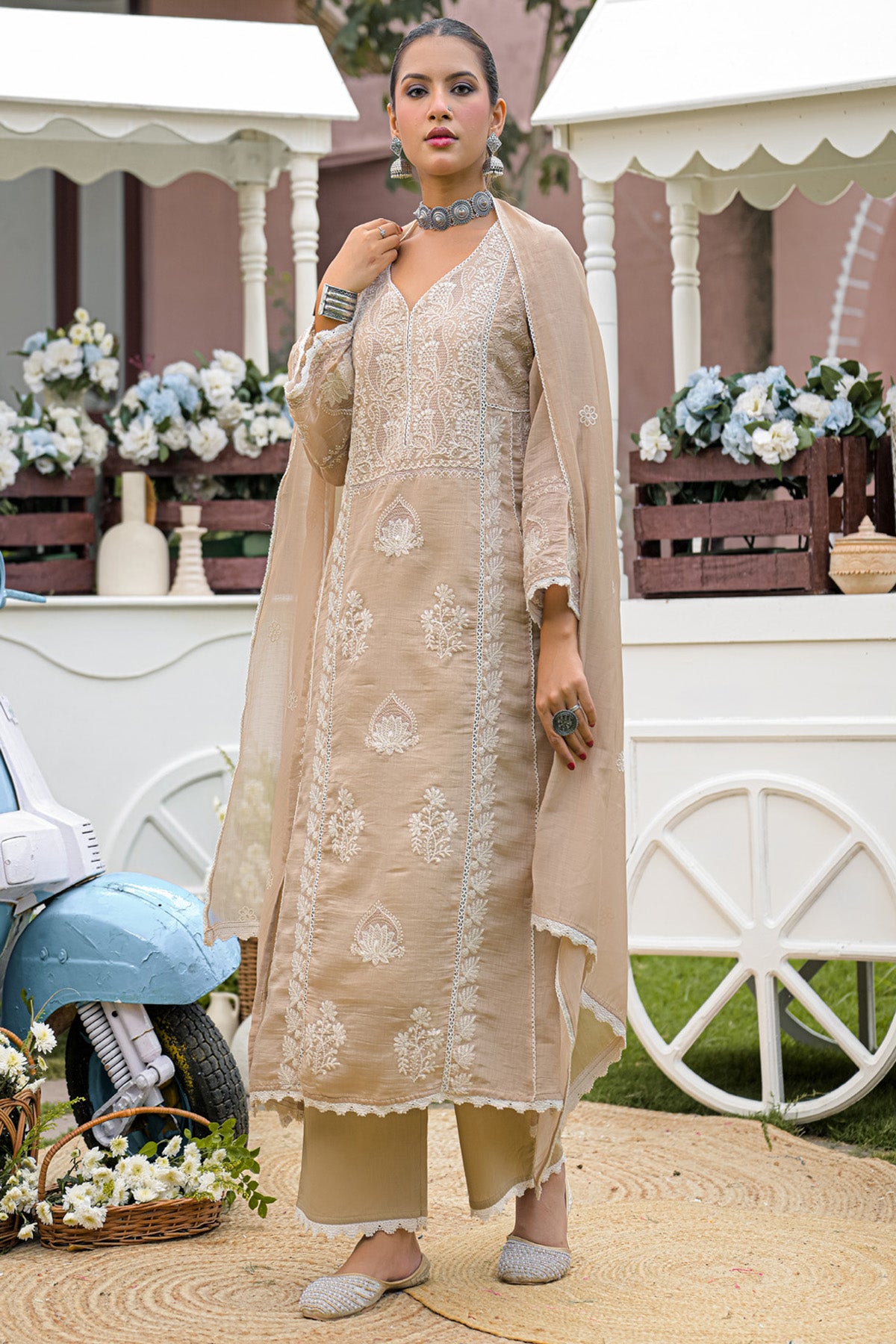 Champagne Beige Mul Chanderi Embroidered Straight Suit Set With Dupatta