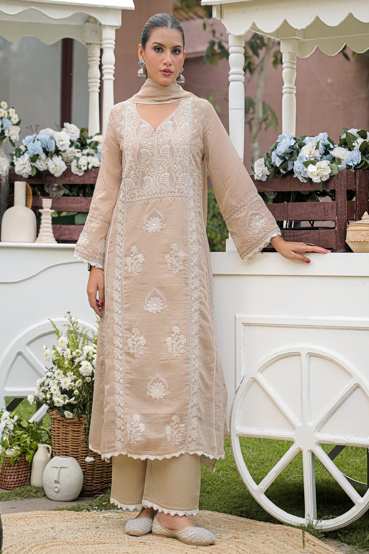 Champagne Beige Mul Chanderi Embroidered Straight Suit Set With Dupatta