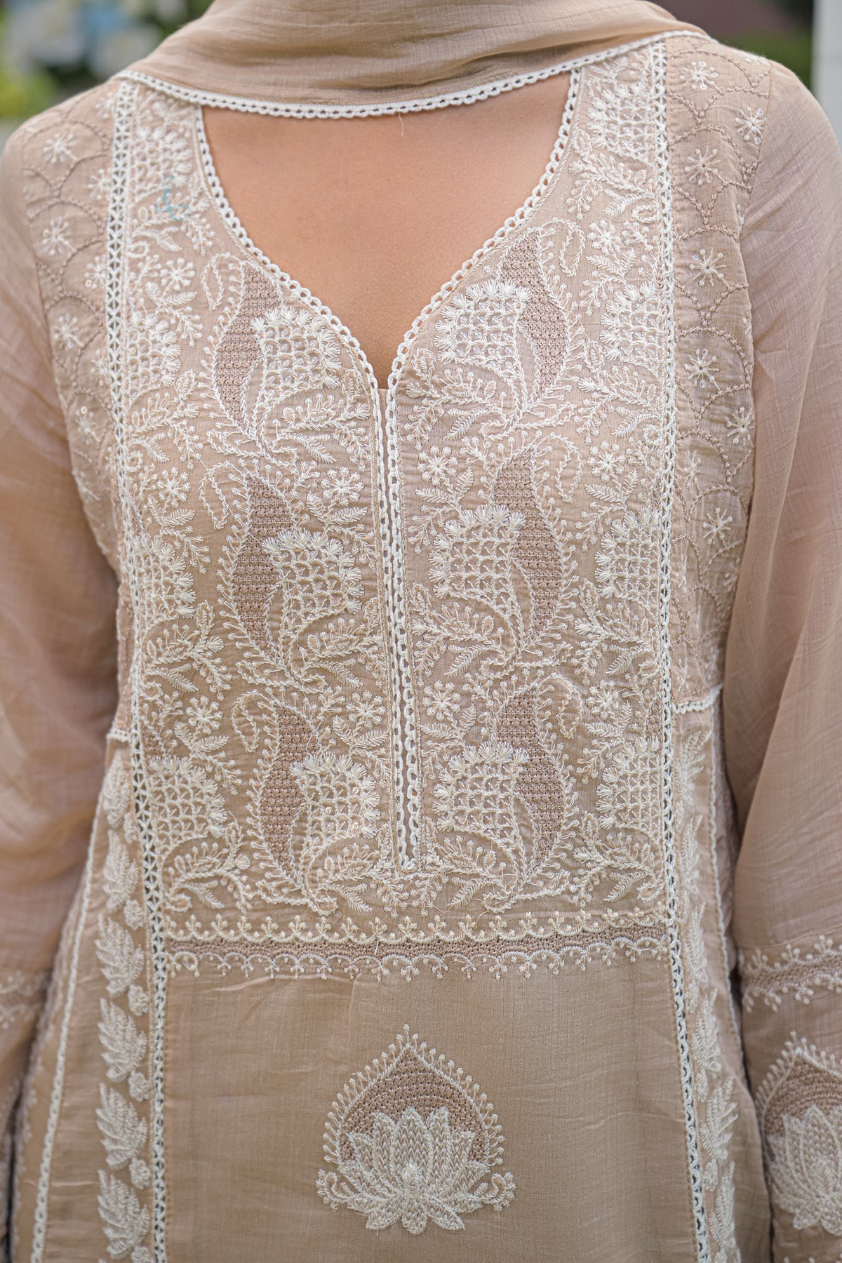 Champagne Beige Mul Chanderi Embroidered Straight Suit Set With Dupatta