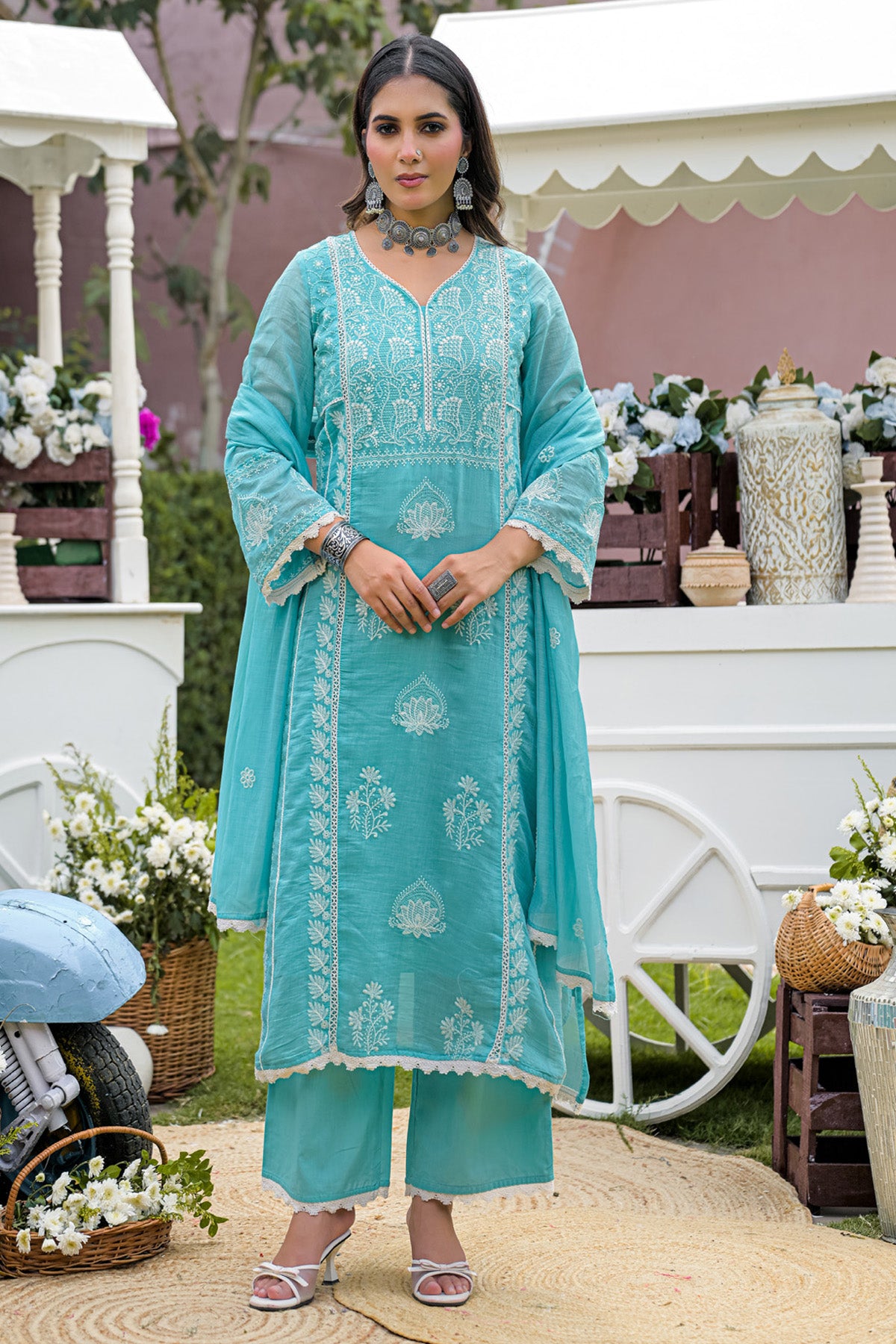 Turquoise Blue Mul Chanderi Embroidered Straight Suit Set With Dupatta