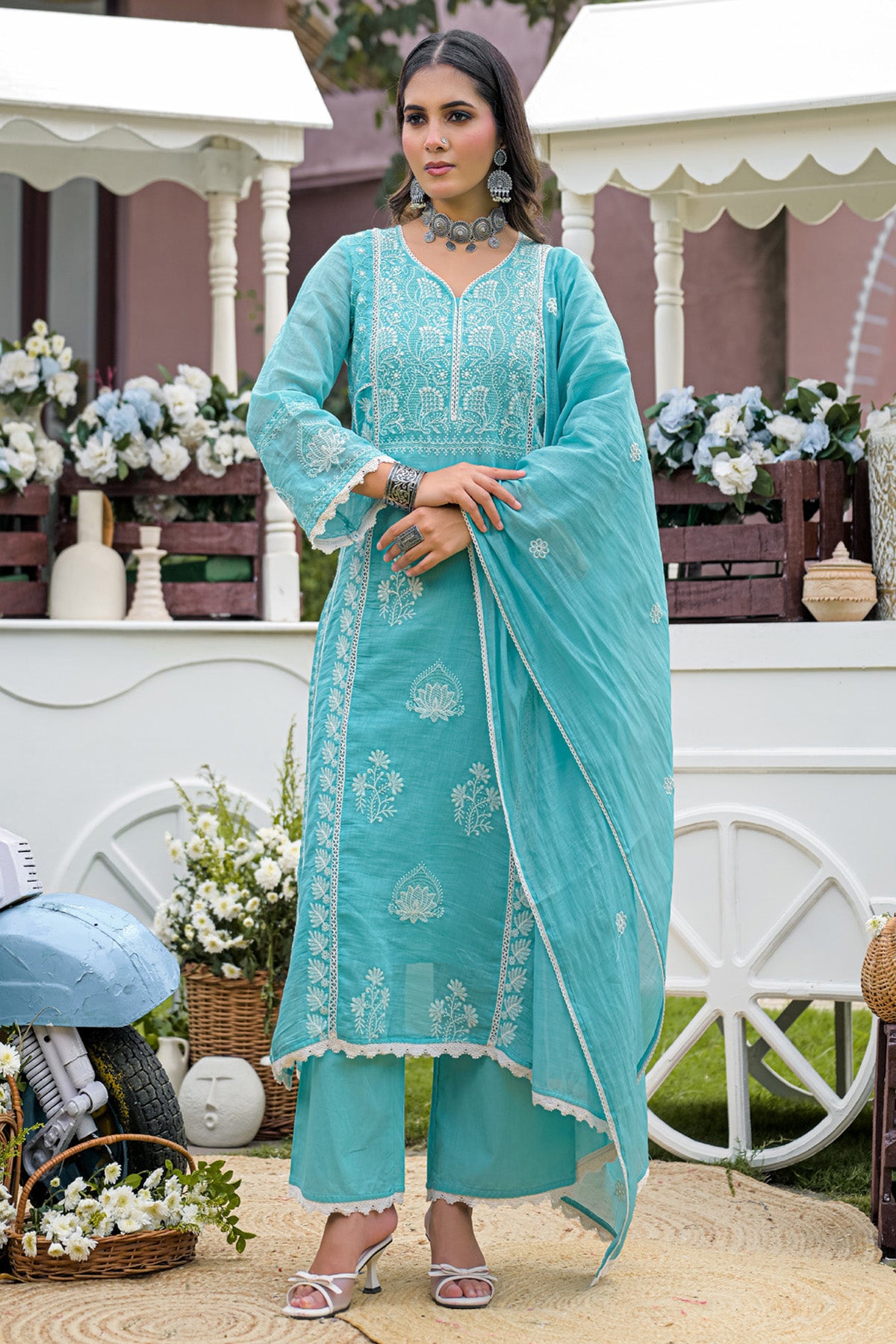Turquoise Blue Mul Chanderi Embroidered Straight Suit Set With Dupatta