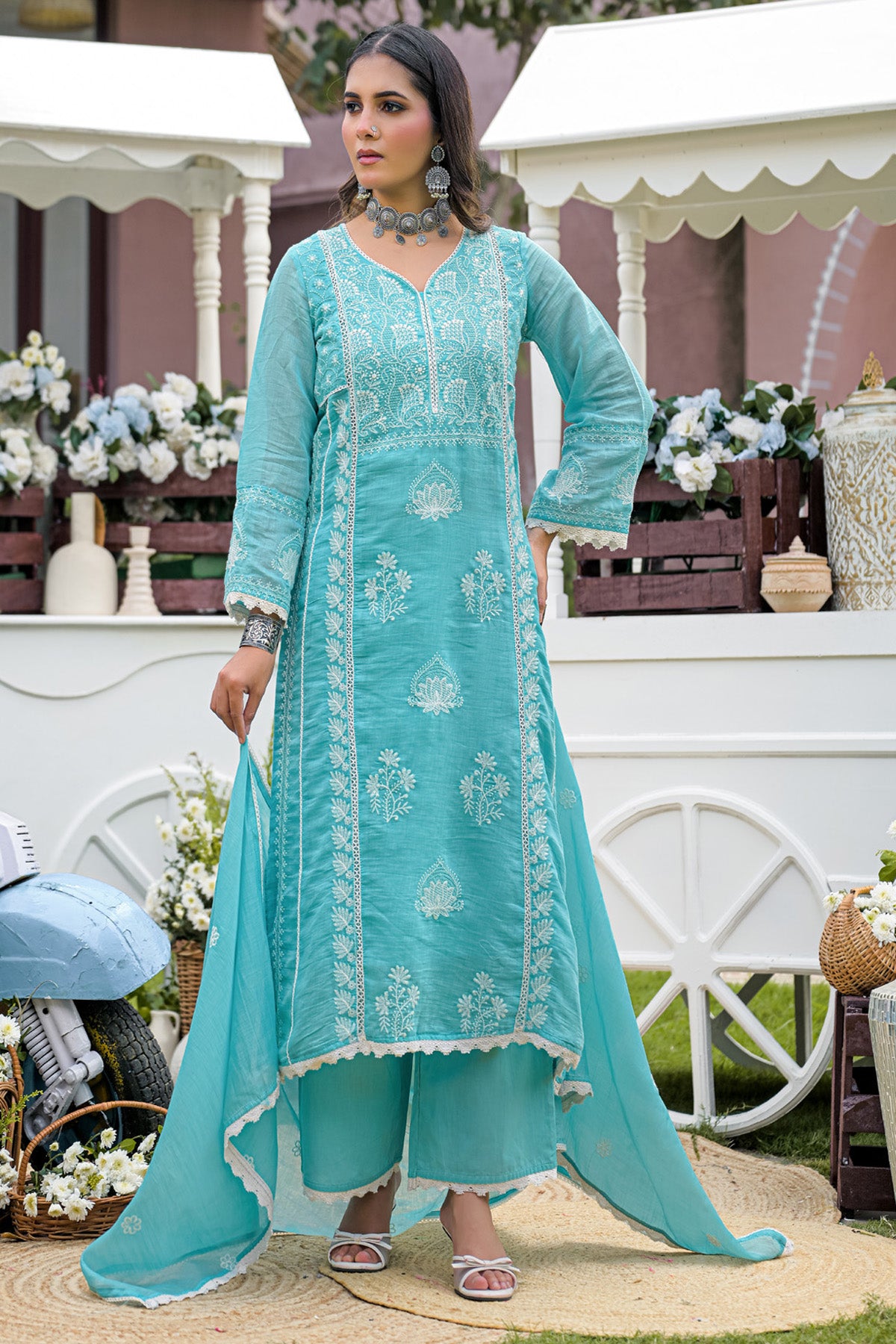 Turquoise Blue Mul Chanderi Embroidered Straight Suit Set With Dupatta