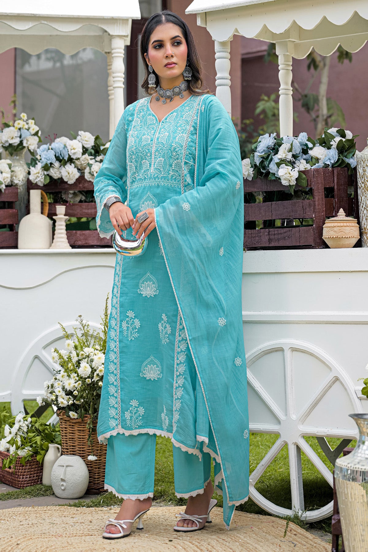 Turquoise Blue Mul Chanderi Embroidered Straight Suit Set With Dupatta