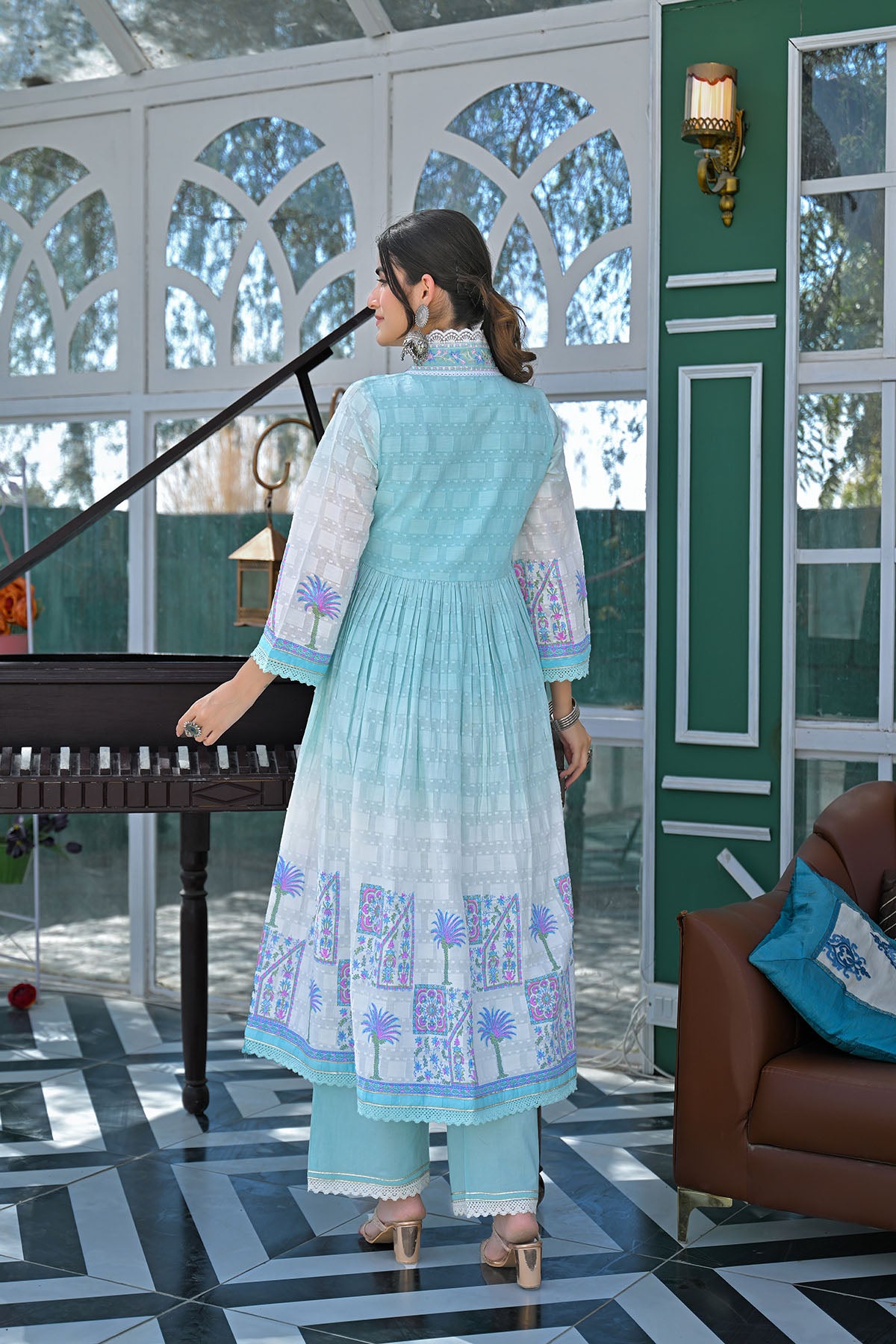 Sky Blue Cotton Embroidered Anarkali Suit