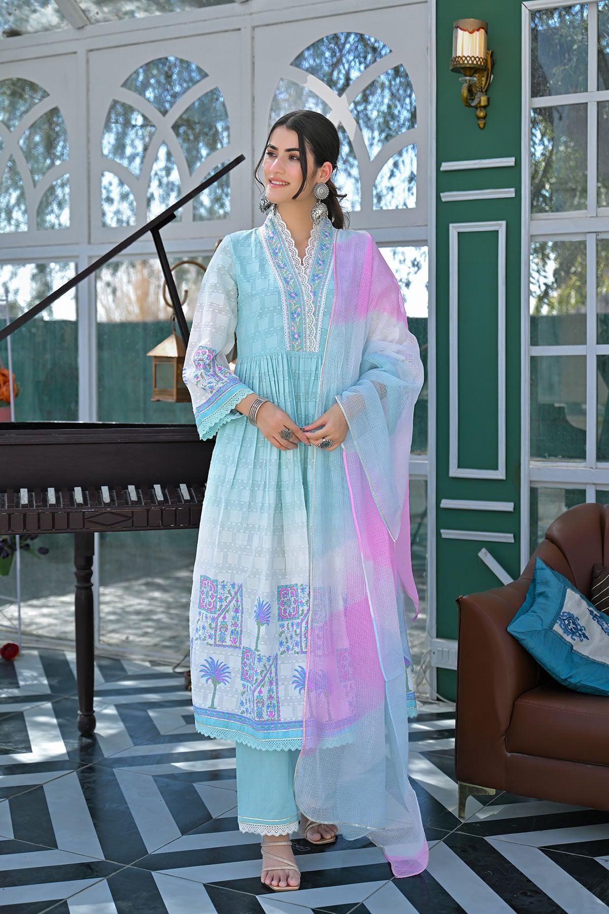 Sky Blue Cotton Embroidered Anarkali Suit