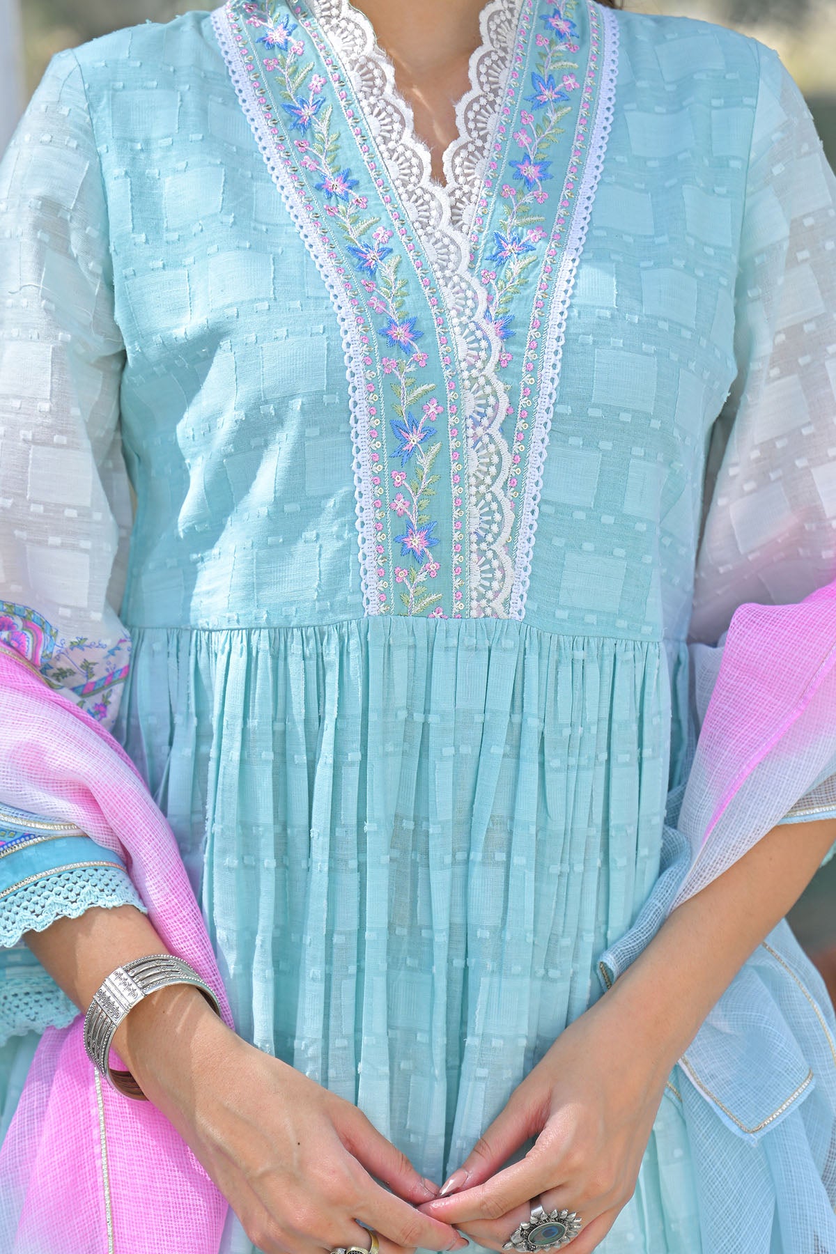 Sky Blue Cotton Embroidered Anarkali Suit