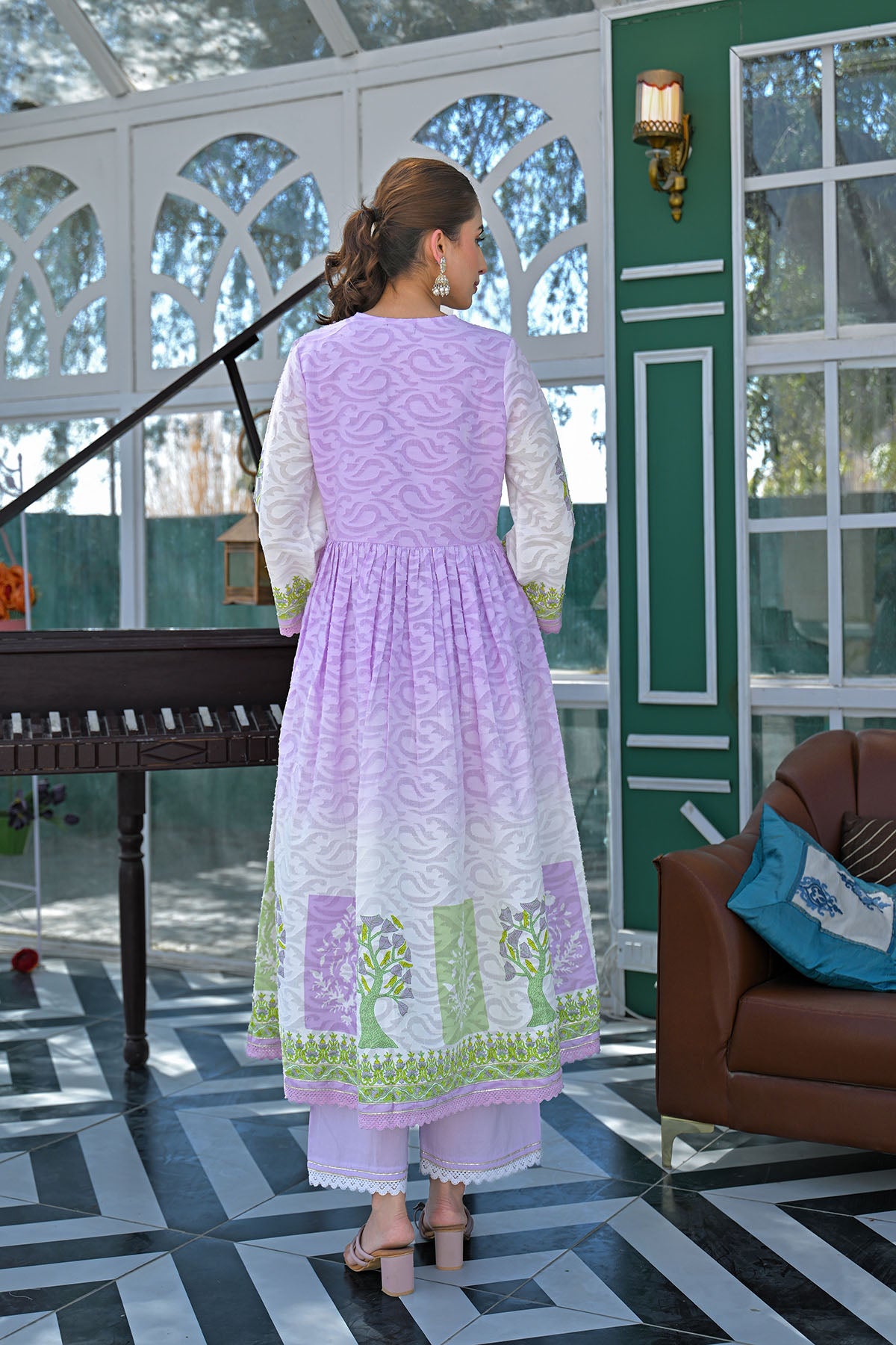 Lavender Cotton Floral Embroidered Anarkali Suit