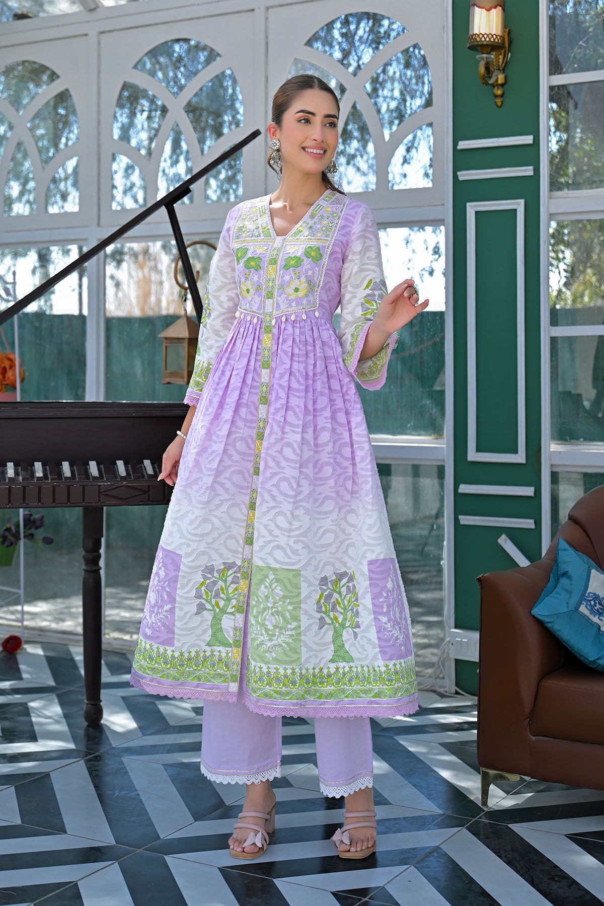 Lavender Cotton Floral Embroidered Anarkali Suit