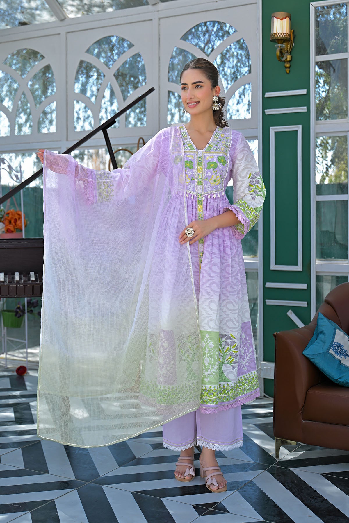 Lavender Cotton Floral Embroidered Anarkali Suit