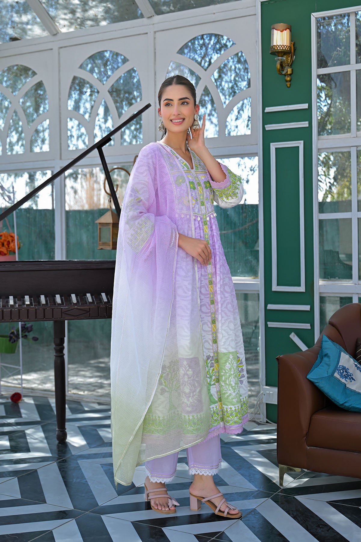Lavender Cotton Floral Embroidered Anarkali Suit