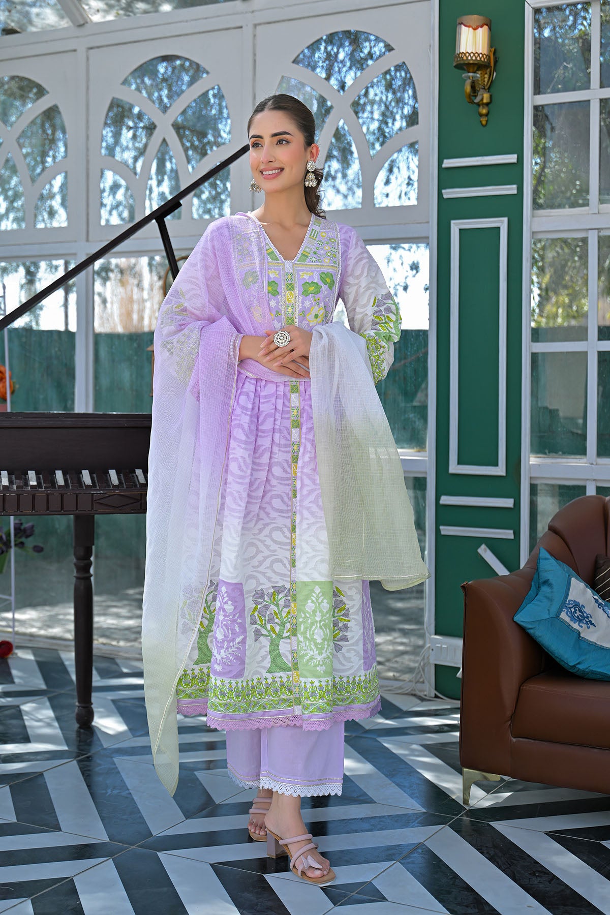 Lavender Cotton Floral Embroidered Anarkali Suit