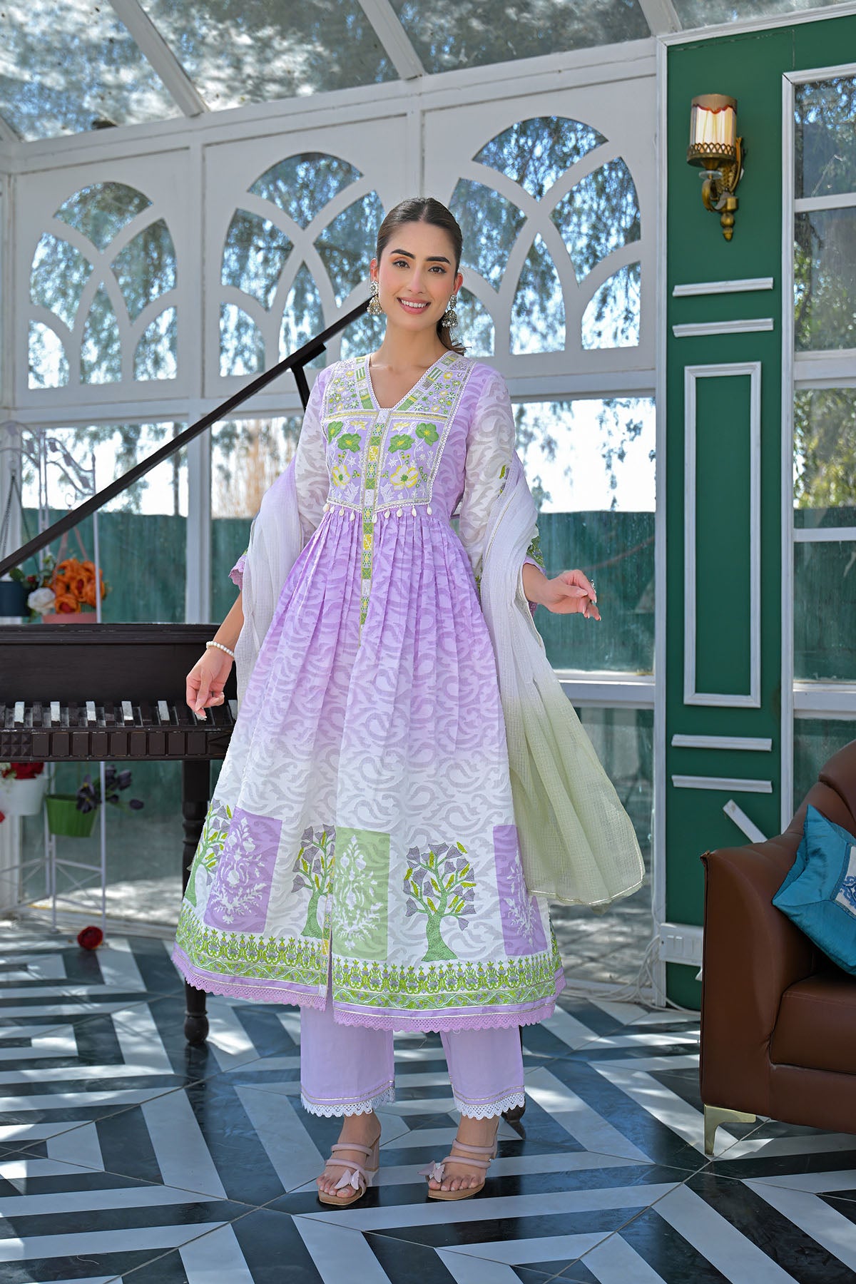 Lavender Cotton Floral Embroidered Anarkali Suit