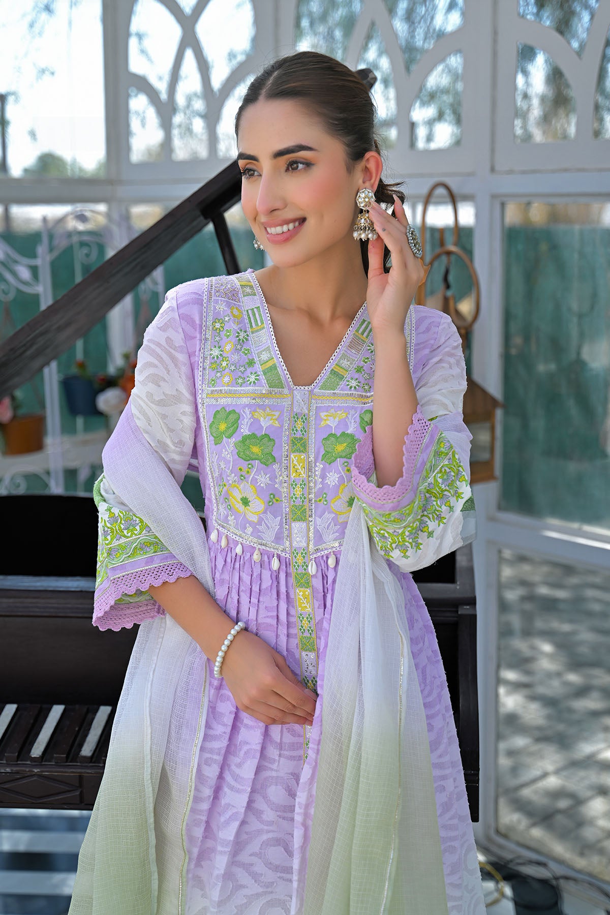 Lavender Cotton Floral Embroidered Anarkali Suit