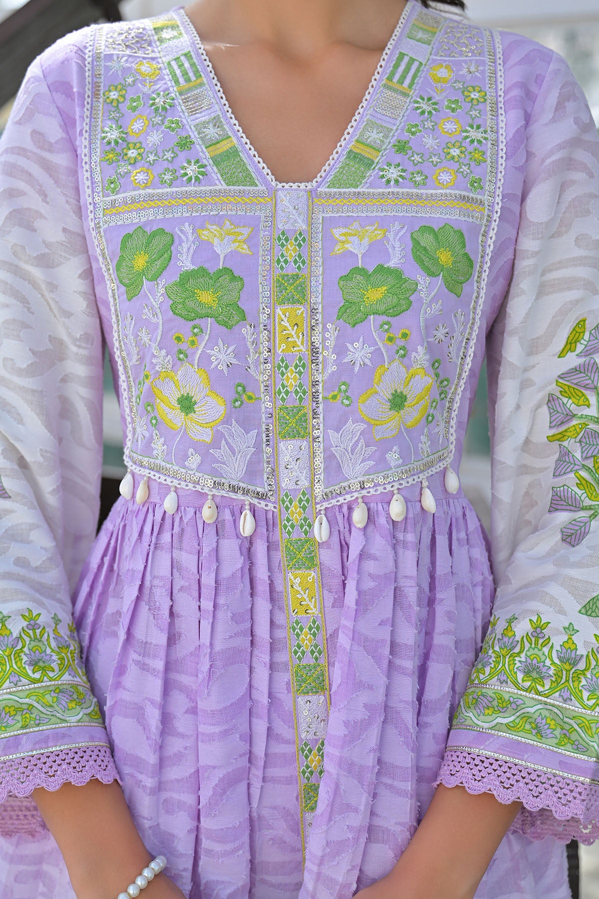 Lavender Cotton Floral Embroidered Anarkali Suit