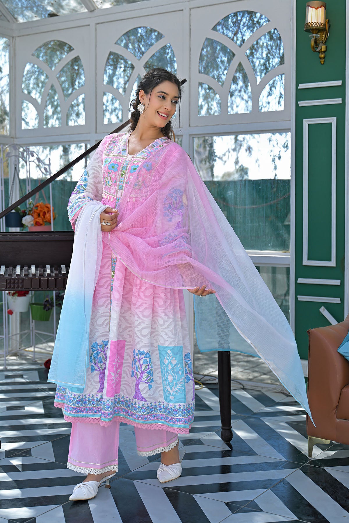 Pink Cotton Floral Embroidered Anarkali Suit