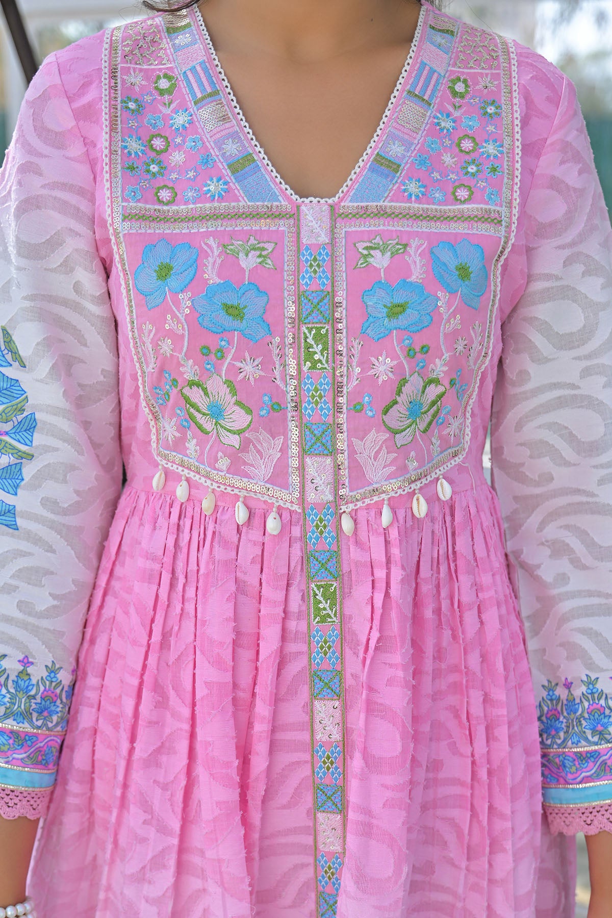 Pink Cotton Floral Embroidered Anarkali Suit