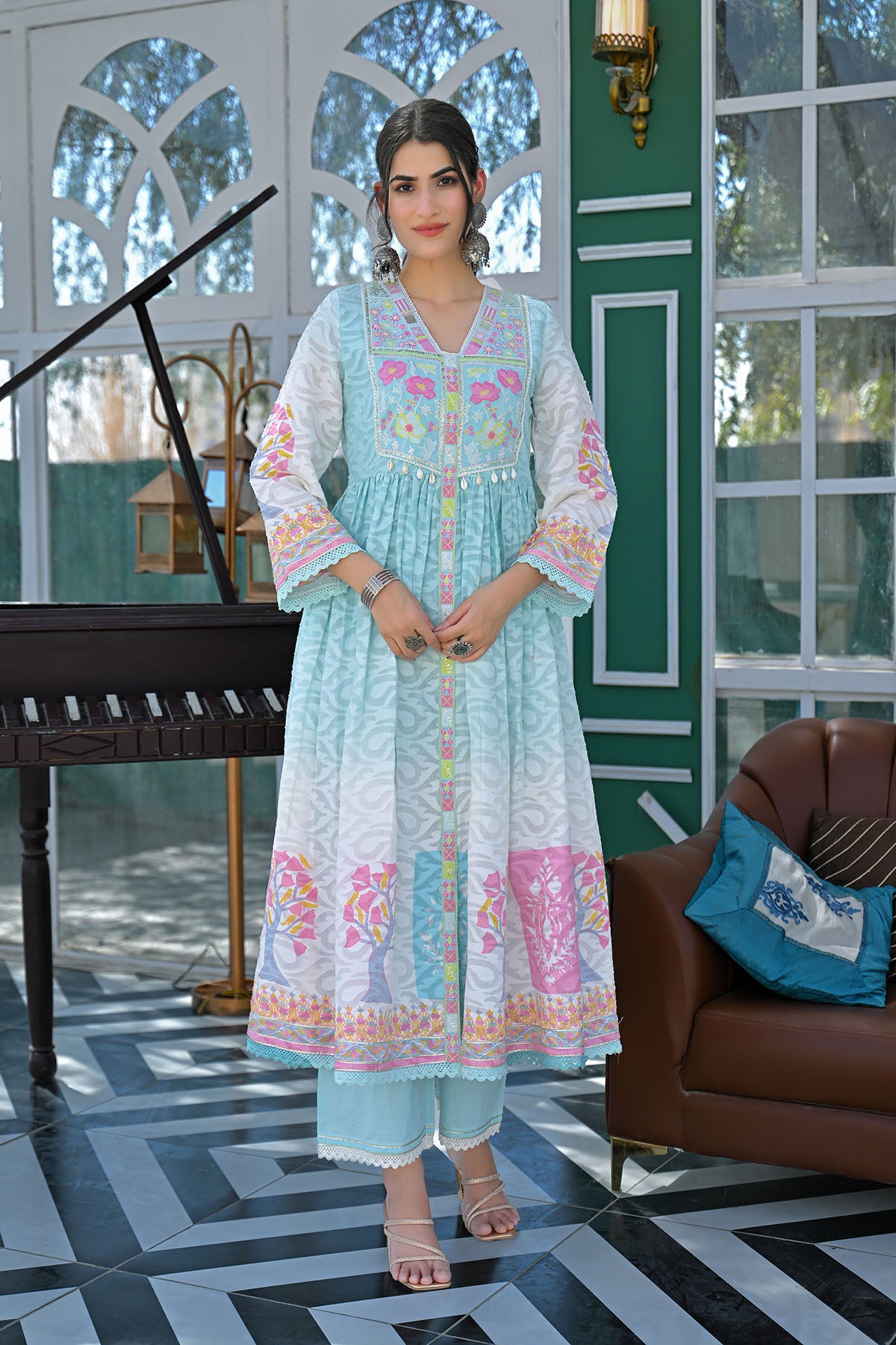 Sky Blue Floral Cotton Embroidered Anarkali Suit