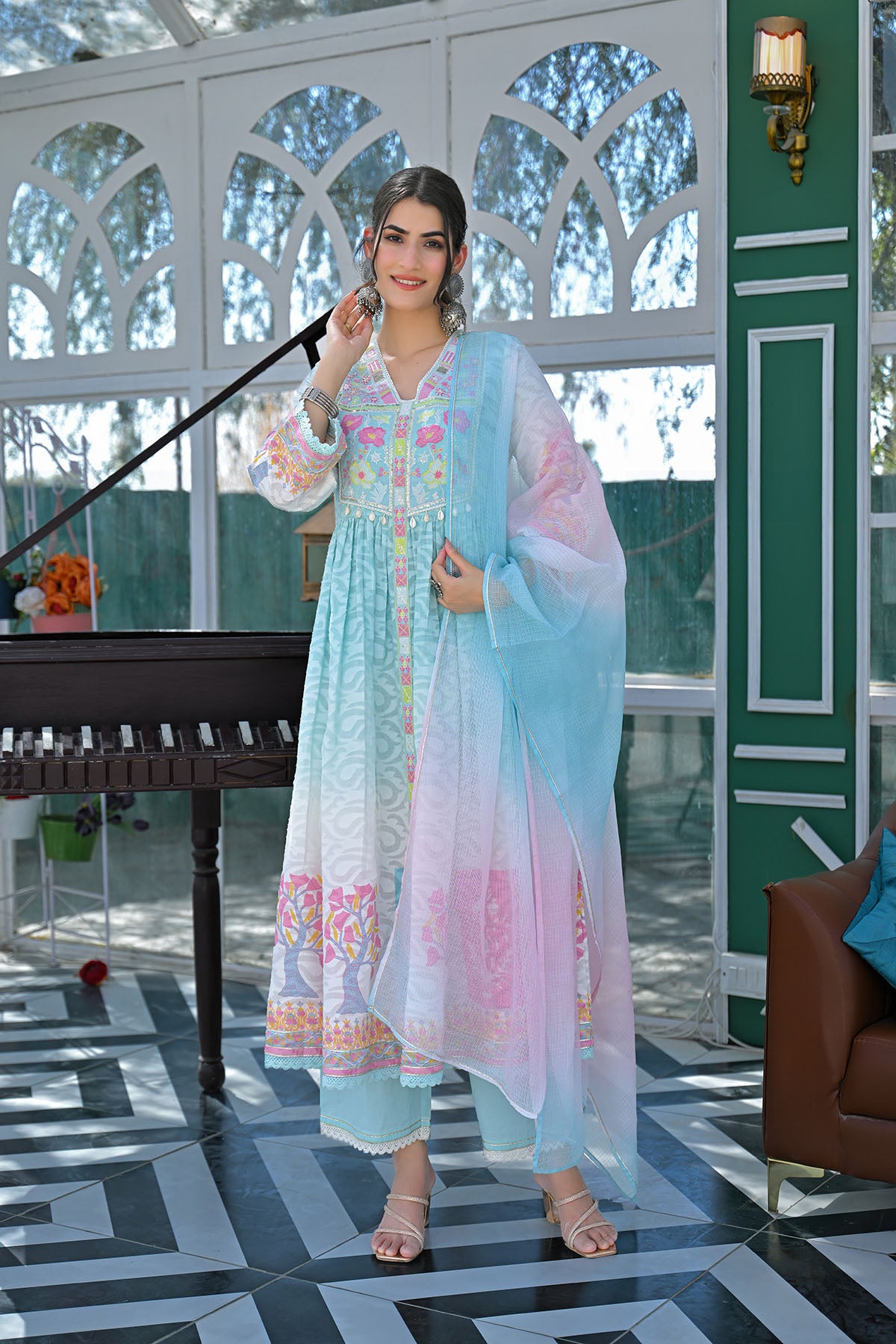 Sky Blue Floral Cotton Embroidered Anarkali Suit