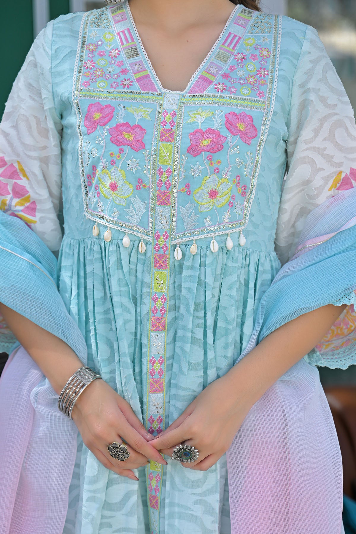 Sky Blue Floral Cotton Embroidered Anarkali Suit