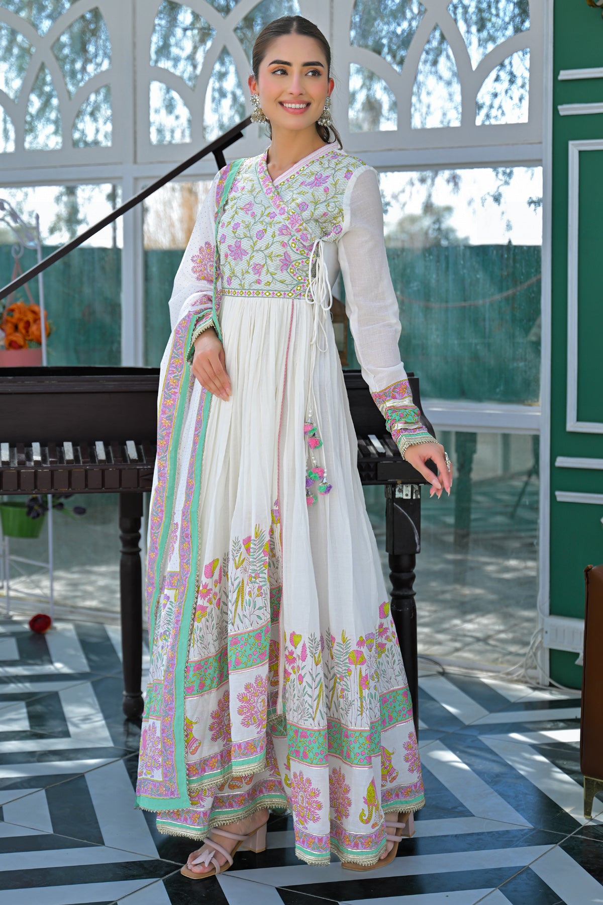 Green Mul Mul Embroidered Gown Set