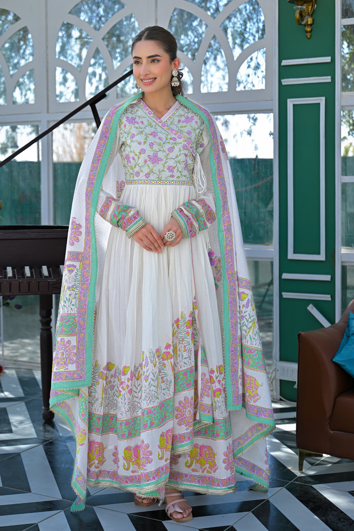 Green Mul Mul Embroidered Gown Set