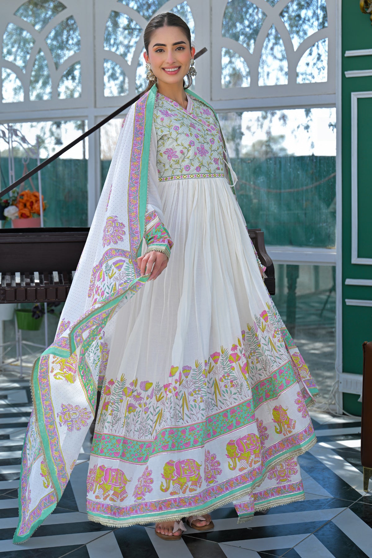 Green Mul Mul Embroidered Gown Set