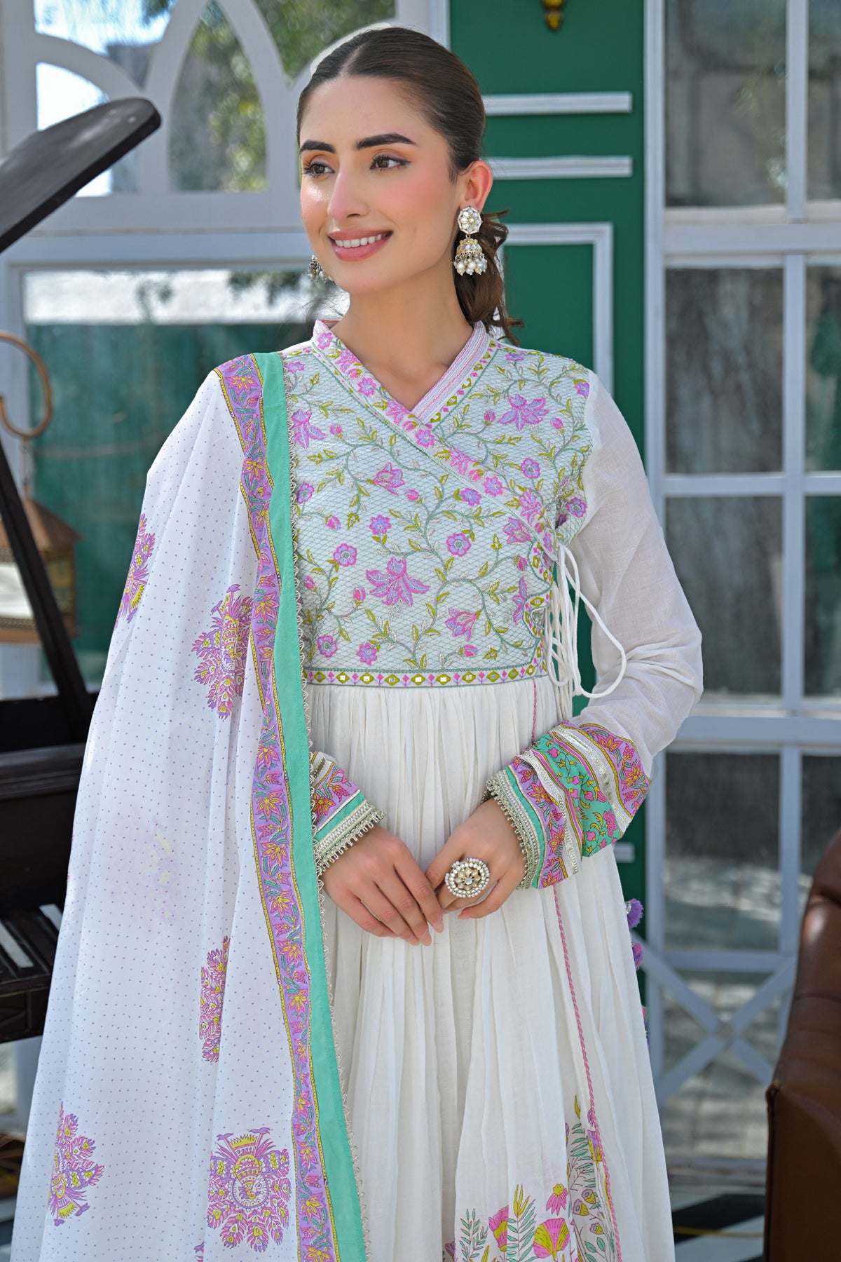 Green Mul Mul Embroidered Gown Set