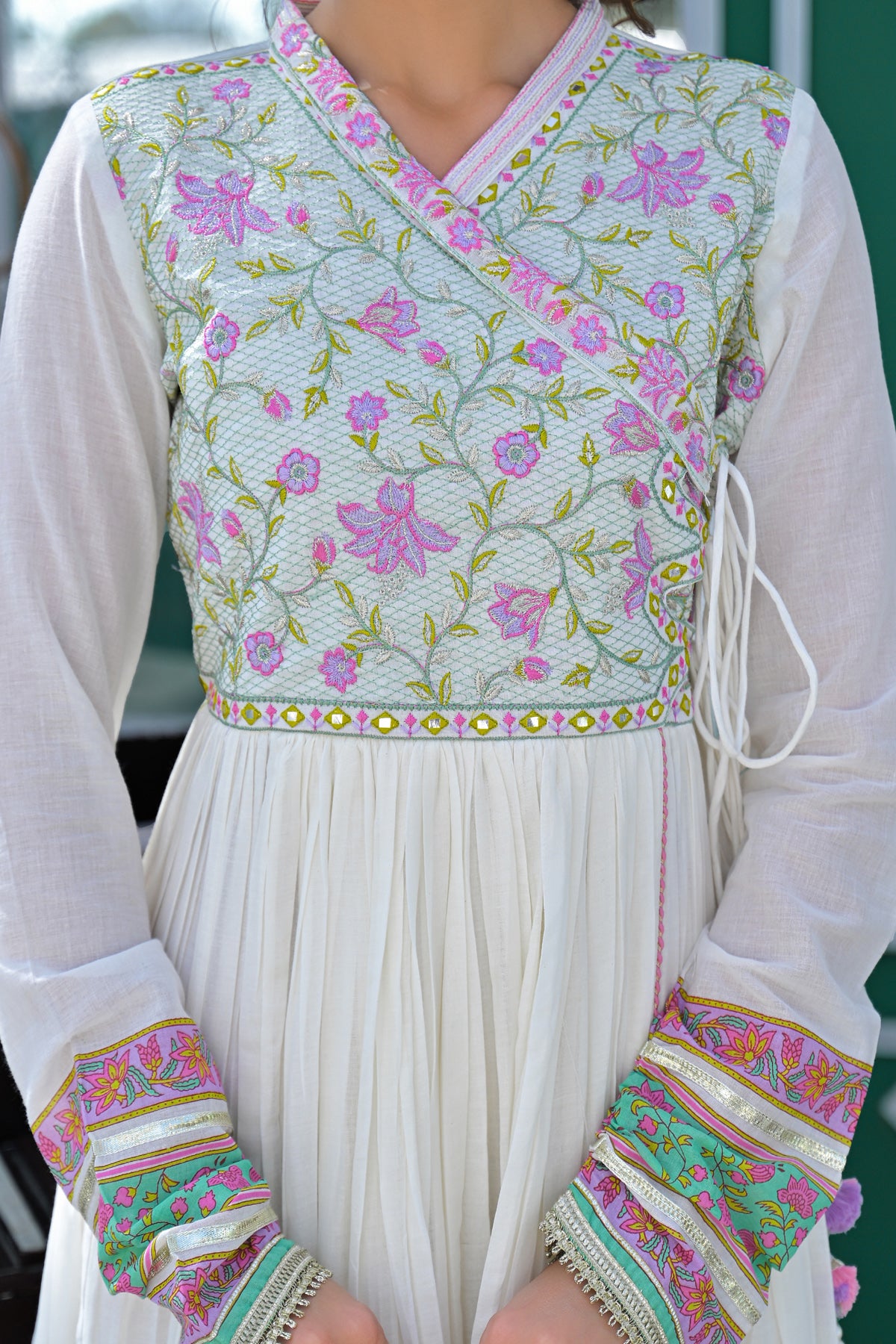 Green Mul Mul Embroidered Gown Set