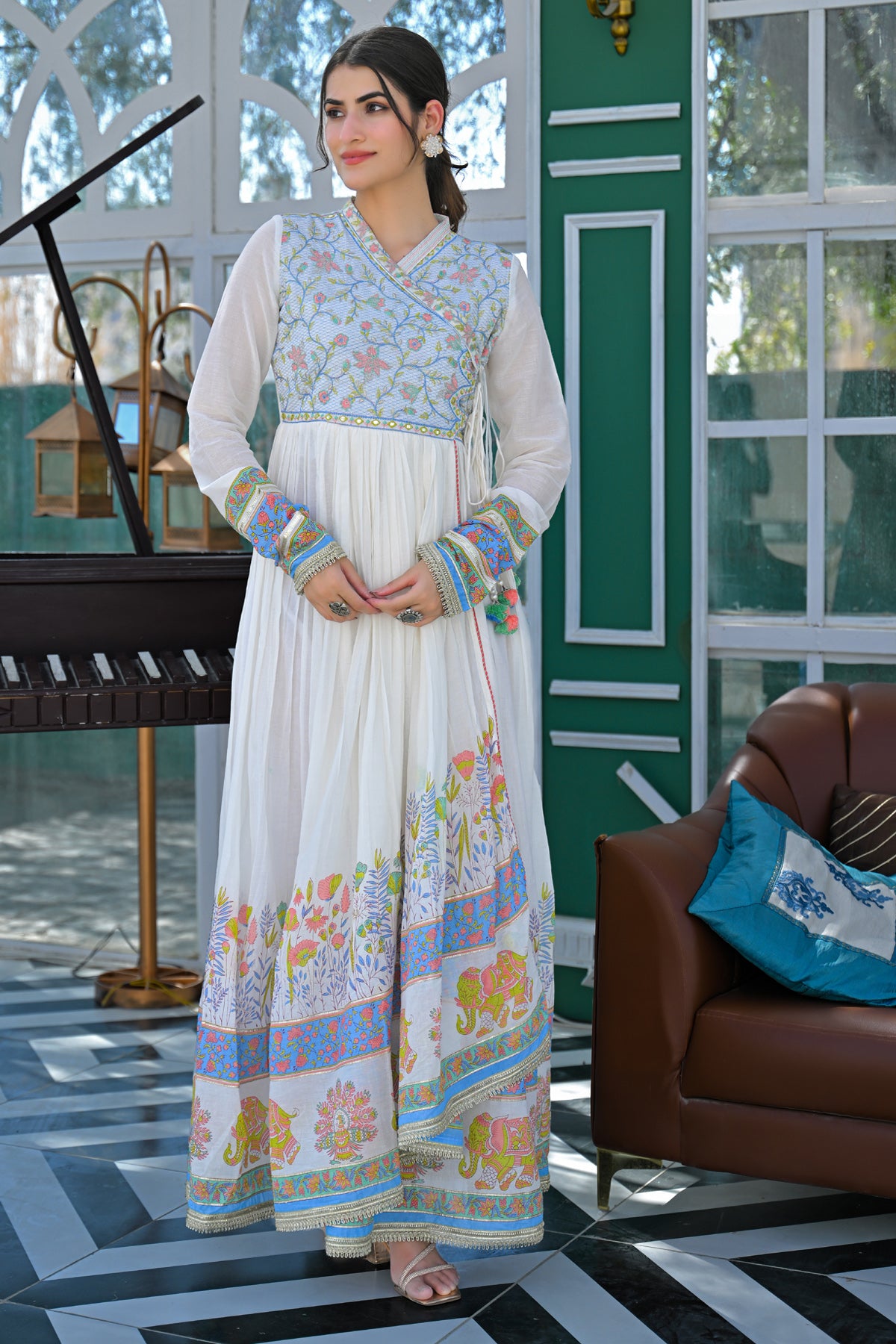 Blue Mul Mul Embroidered Gown Set