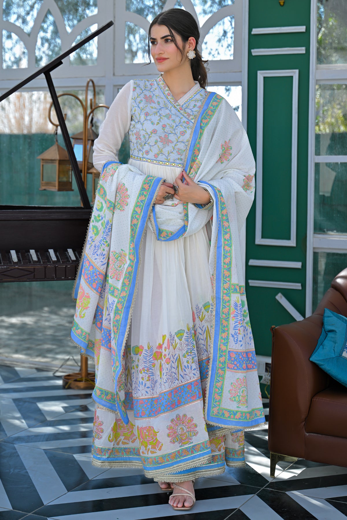 Blue Mul Mul Embroidered Gown Set