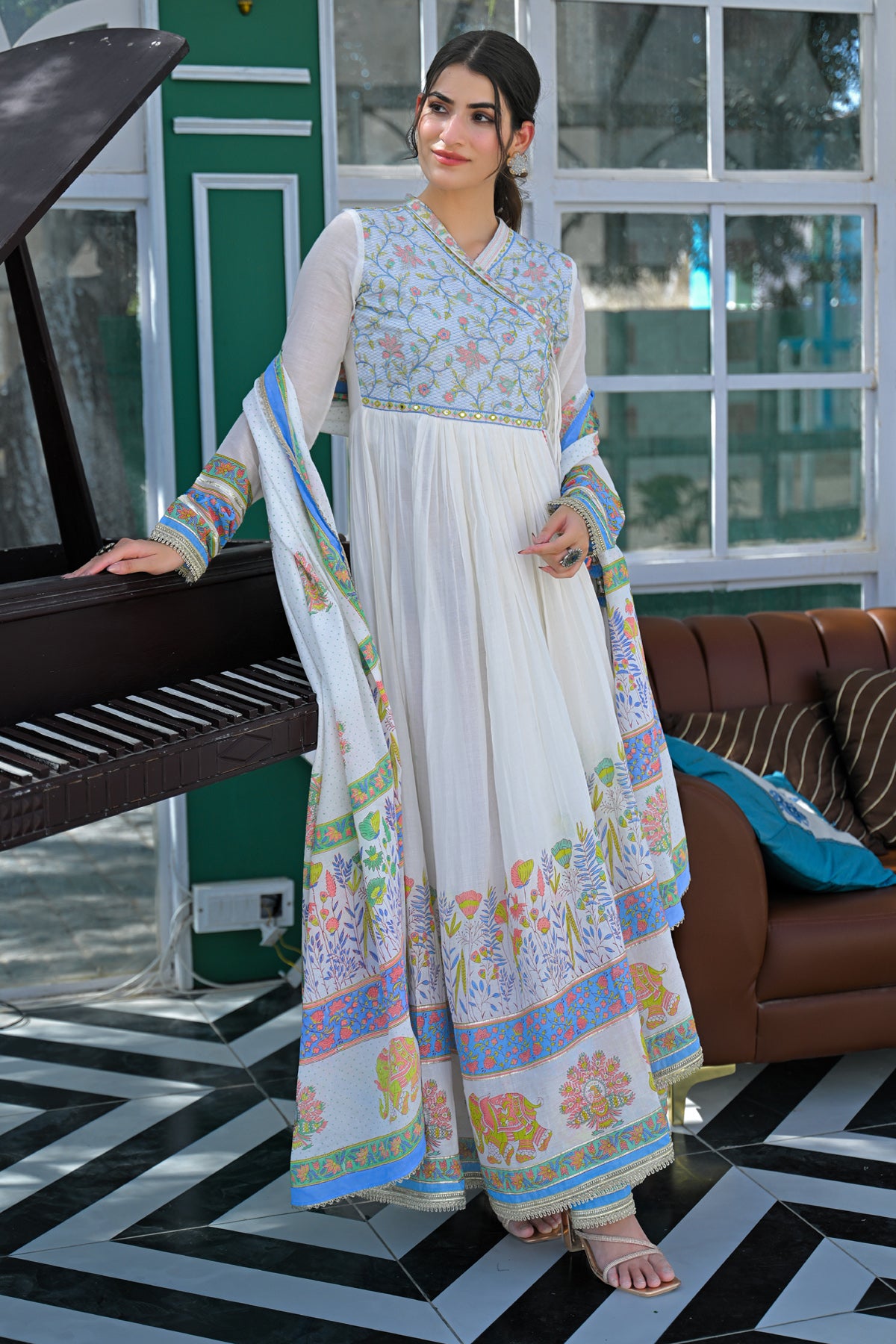 Blue Mul Mul Embroidered Gown Set