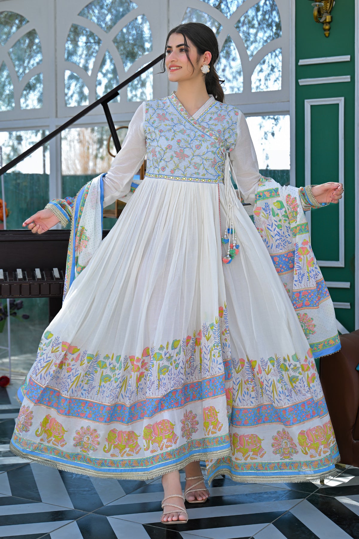 Blue Mul Mul Embroidered Gown Set