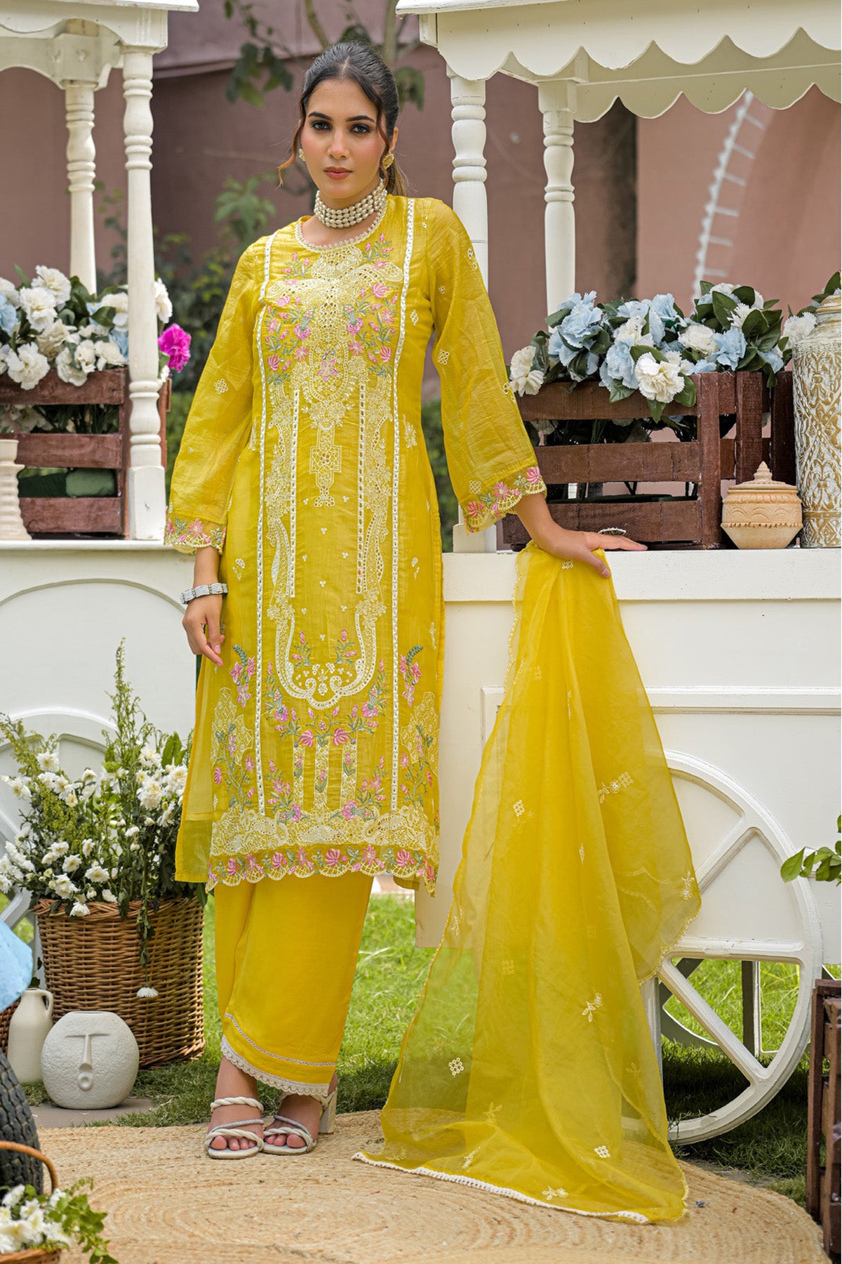 Mustard Yellow Gold Crush Embroidered Straight Suit Set With Dupatta