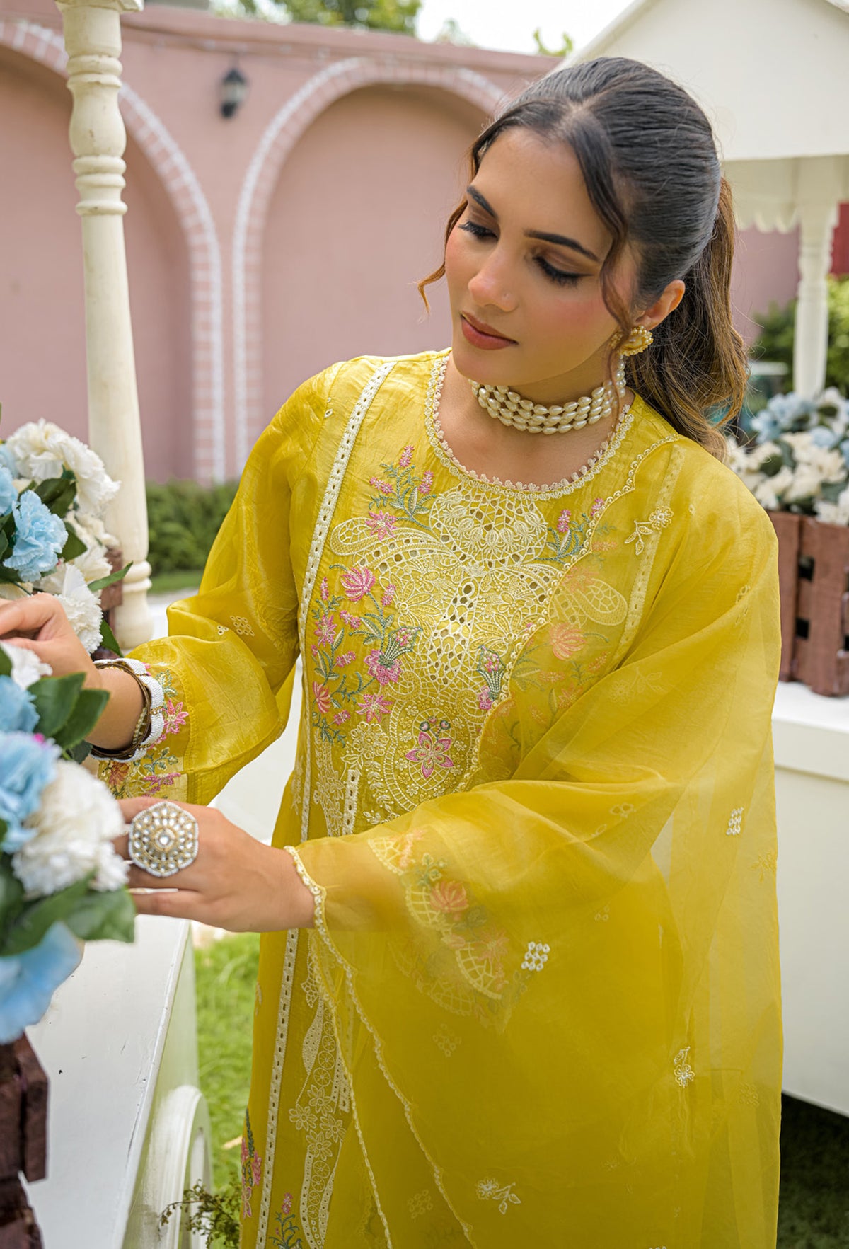 Mustard Yellow Gold Crush Embroidered Straight Suit Set With Dupatta