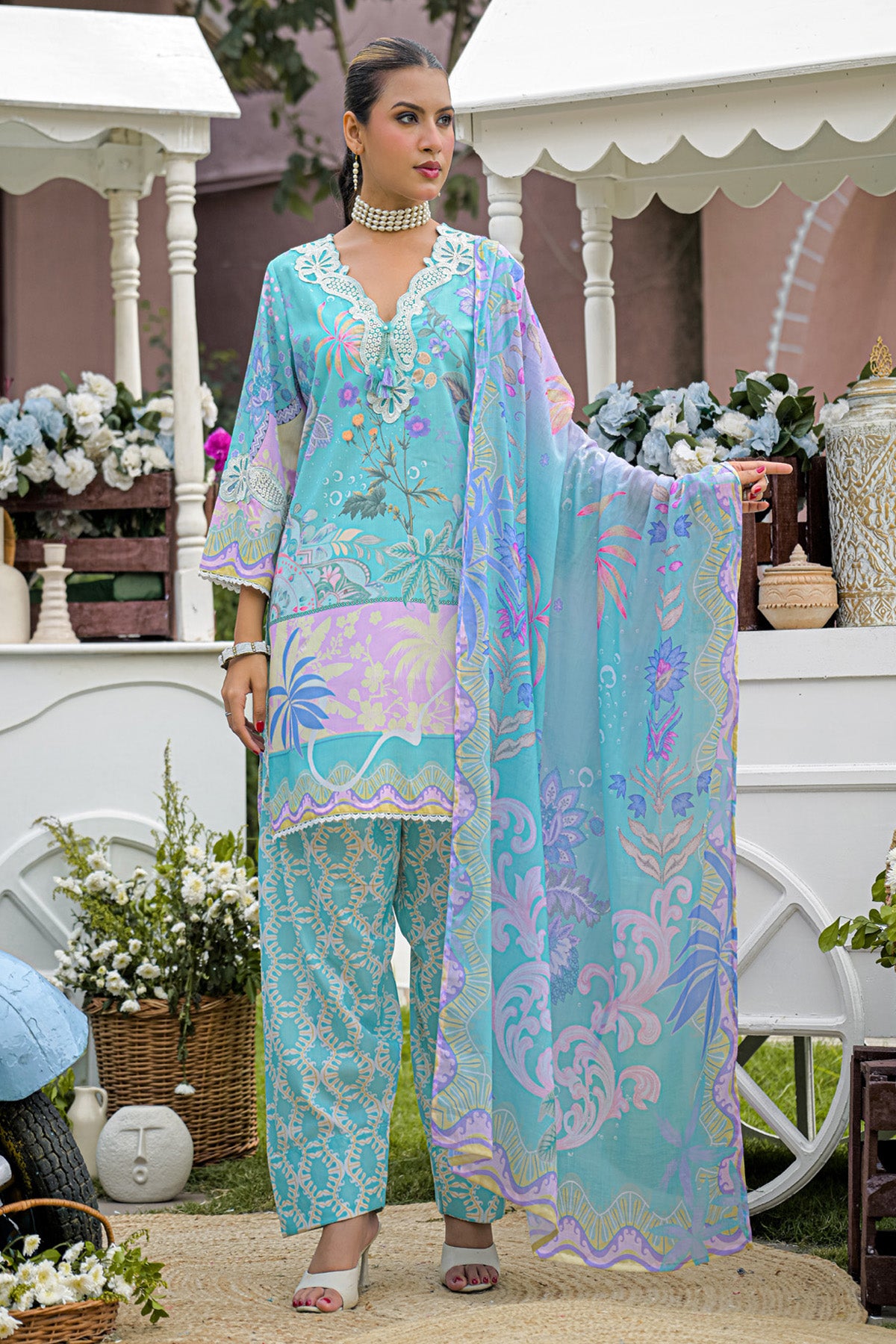 Turquoise Blue Cotton Applique Work Farshi Suit Set With Dupatta