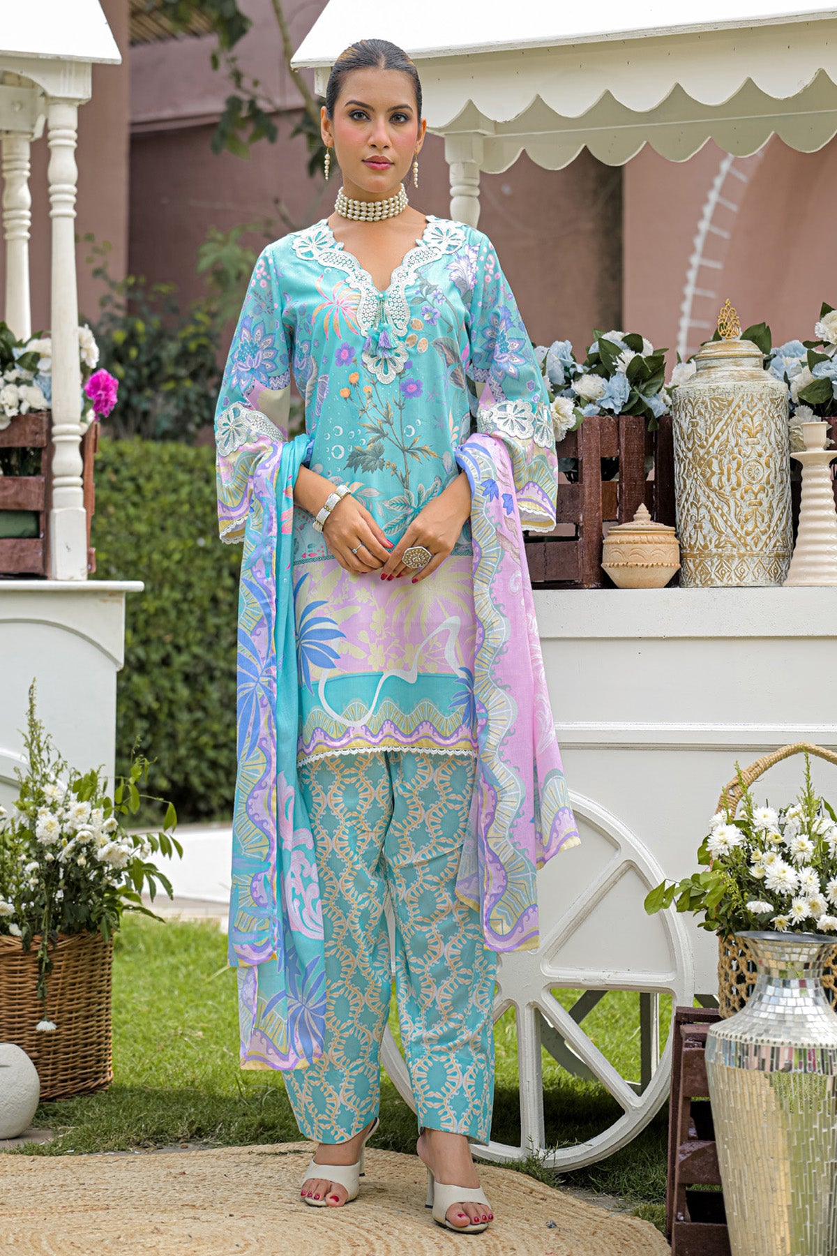 Turquoise Blue Cotton Applique Work Farshi Suit Set With Dupatta