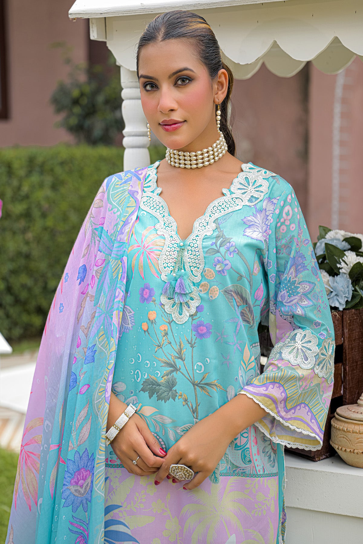 Turquoise Blue Cotton Applique Work Farshi Suit Set With Dupatta