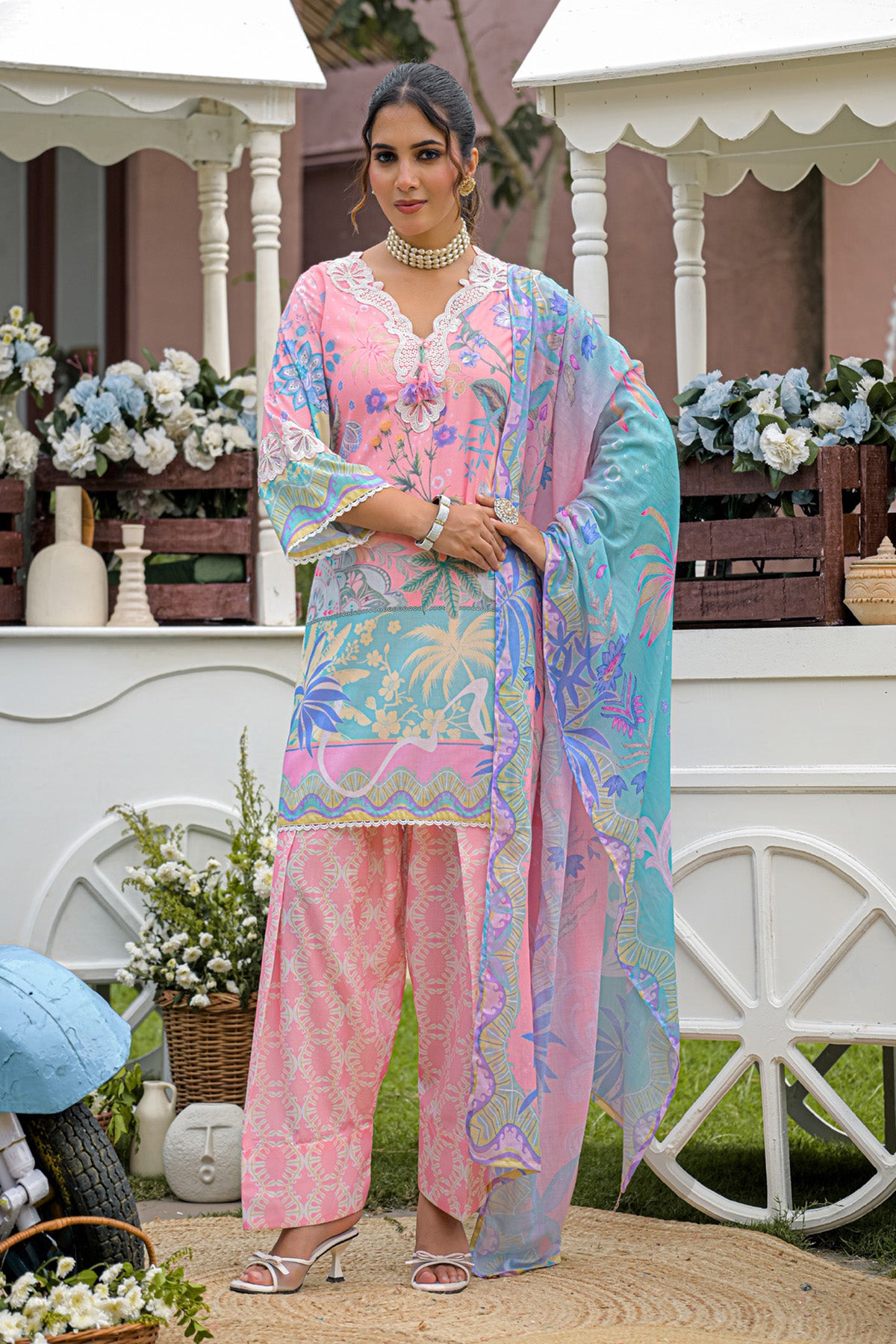 Peach Pink Cotton Applique Work Farshi Suit Set With Dupatta