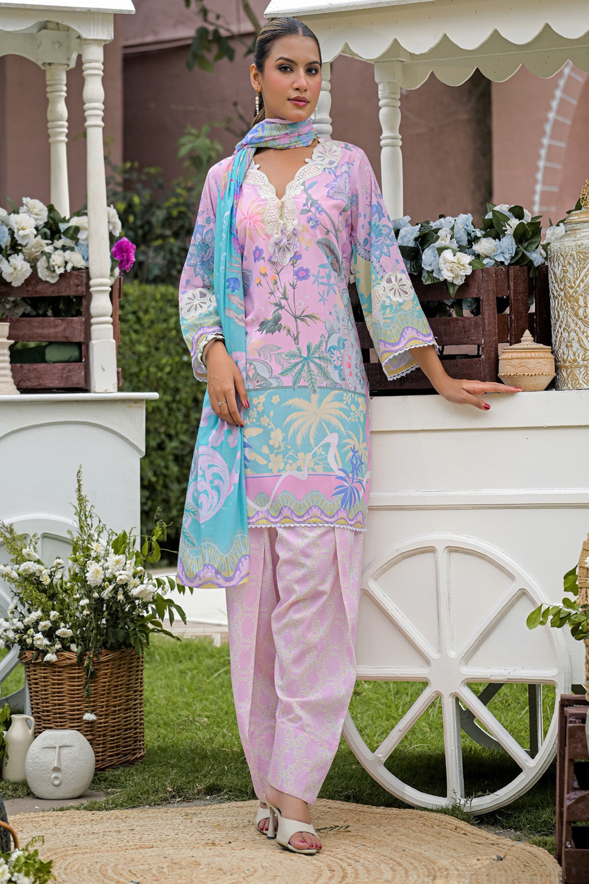Pastel Lavender Cotton Applique Work Farshi Suit Set With Dupatta